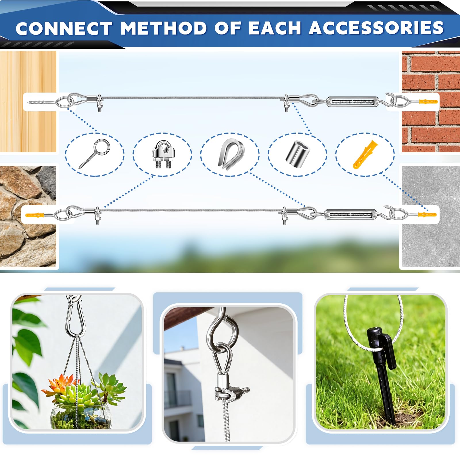 50M 2MM Drahtseil Edelstahl, 80Pcs 304 Stahlseil Kit, Stahlseil mit Ösen, M5 Spannschlösser, Stahlseil Ummantelt & Zeltheringe für Kletterpflanzen, Wäscheleine, String Lichter, Zeltseil