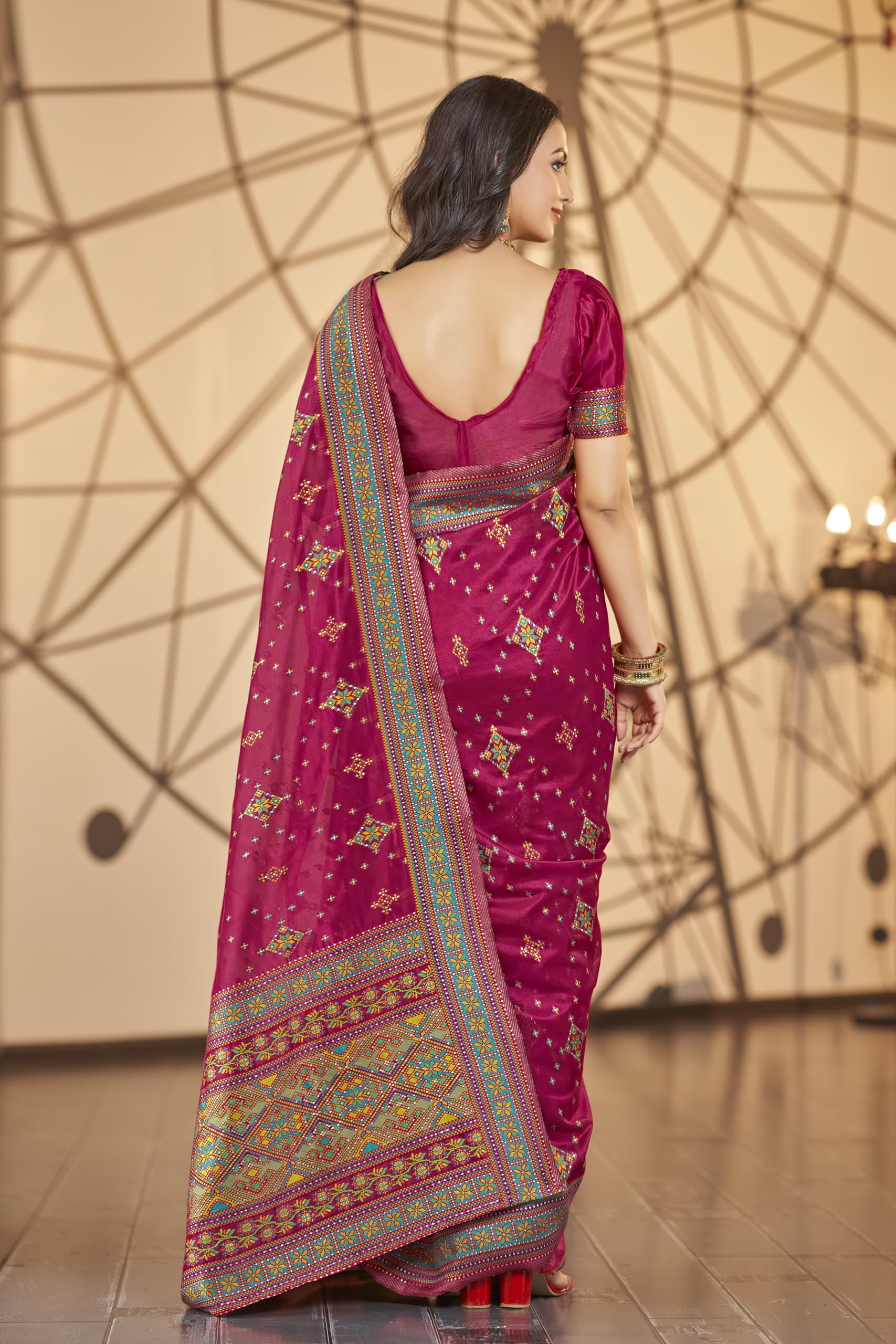 Glory Sarees Women's Kashmiri Pashmina Organza Silk Woven Saree With Blouse Piece (Heritage_Silk109_Rani) 2