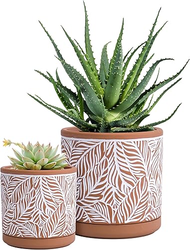 Miniatura 7 de D'vine Dev Juego de 2 macetas de terracota, maceta con patrón de hojas, 4 y 6 pulgadas, maceta con orificio de drenaje y platillo, terracota/blanco,