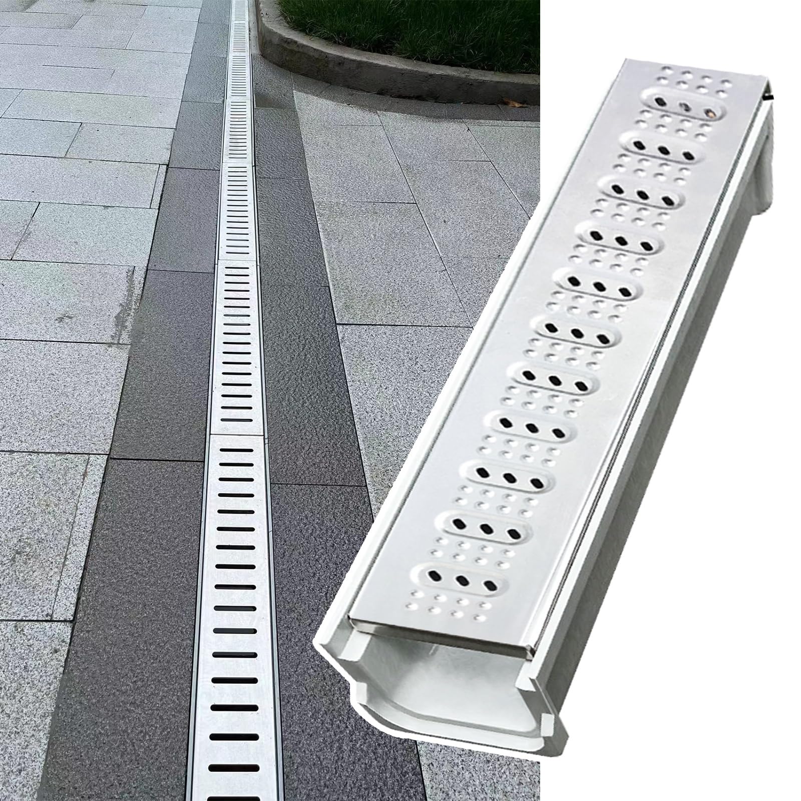 Sistema di drenaggio a Canale in Acciaio Inossidabile, Canale di drenaggio in Resina SMC con griglia per Garage e Giardino, Soluzione di drenaggio a Pavimento Durevole, Stile D Argento, gest