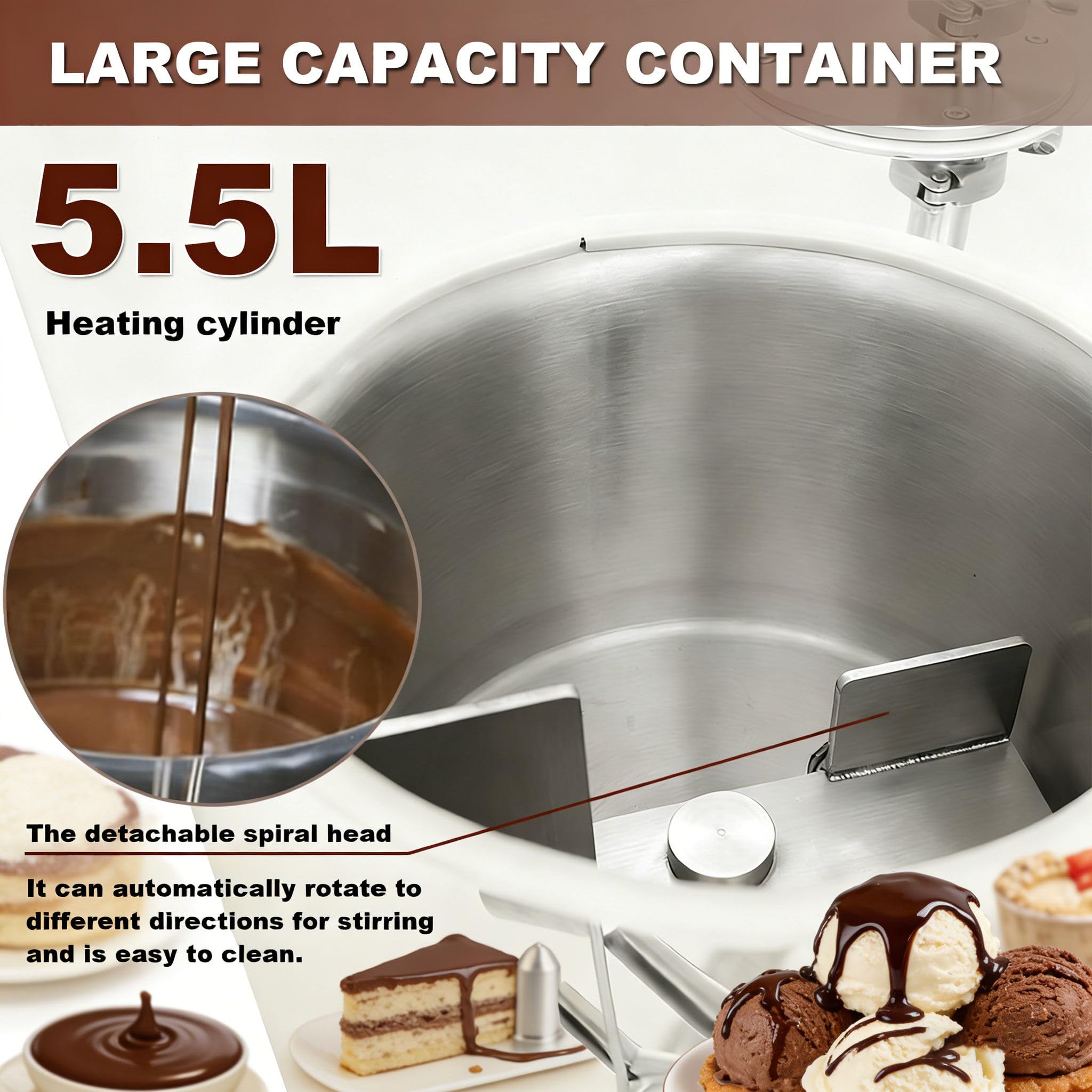 Machine à Fondre Le Chocolat Professionnelle 5,5 l, Acier Inoxydable, tête Spirale Amovible, idéale pour Les Barres chocolatées, l'enrobage de Fraises, Les fêtes et Les Mariages.