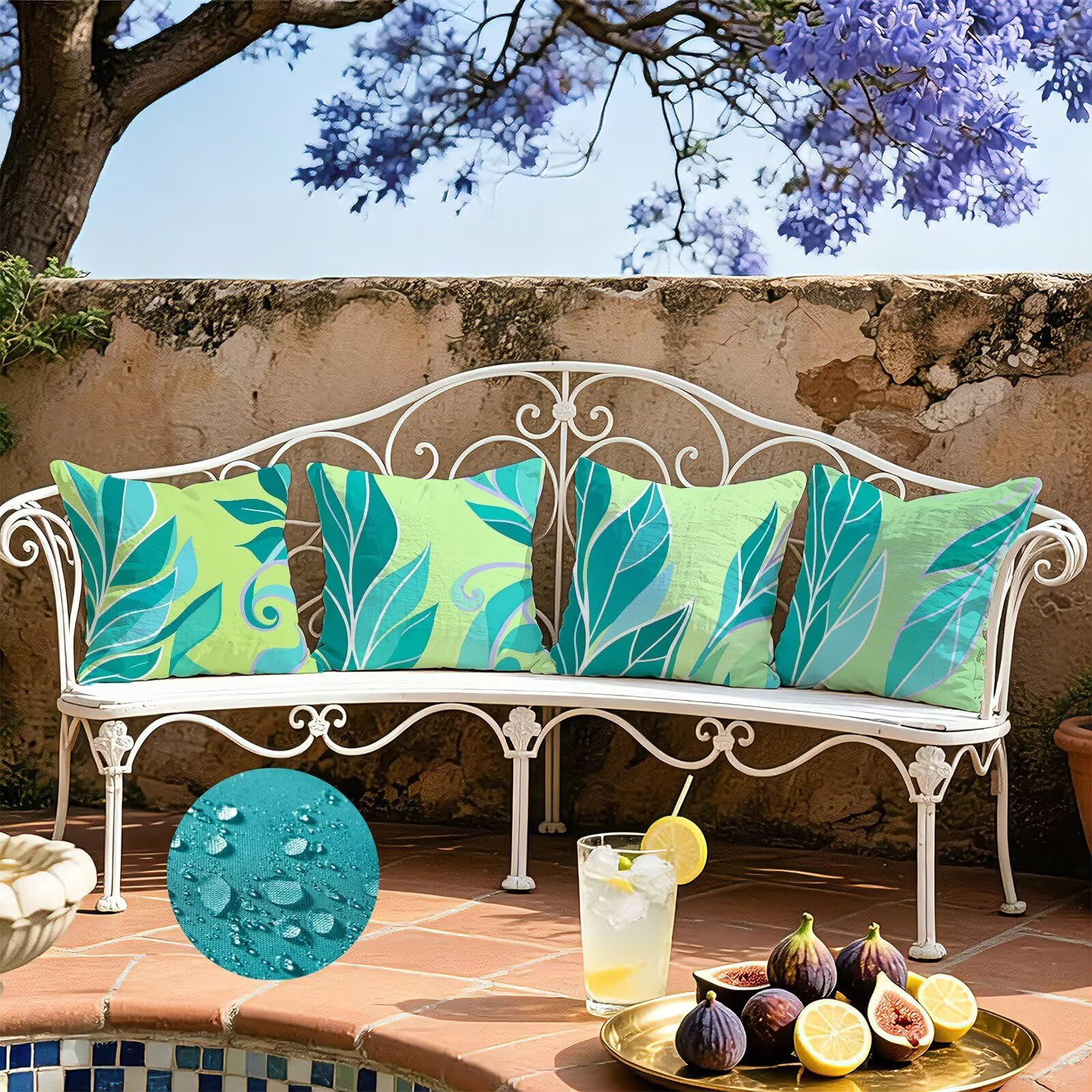 Blu Federe Cuscini Divano 65x65cm, Cuscini da Esterno Set de 4, Cod-129 | Lin Copricuscini Decorativi Letto Arredo, per Letto, Soggiorno, Giardino, Esterno, Casa Decorazione Set di 4 Foglie