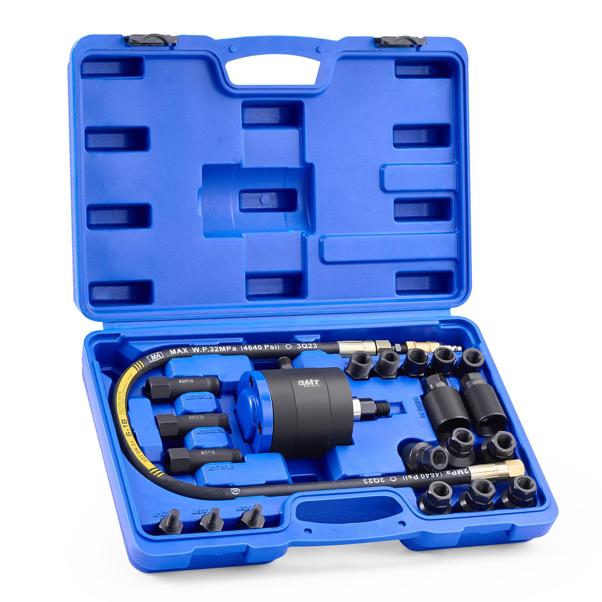Orion Motor Tech 24 Pezzi Estrattore Pneumatico per Iniettori Diesel per Rimuovere Iniettori a Vibrazione d'Aria da 5-8 Bar con Martello Estrattore, 19 Adattatori, Tubo di Prolunga e EU US Connettori