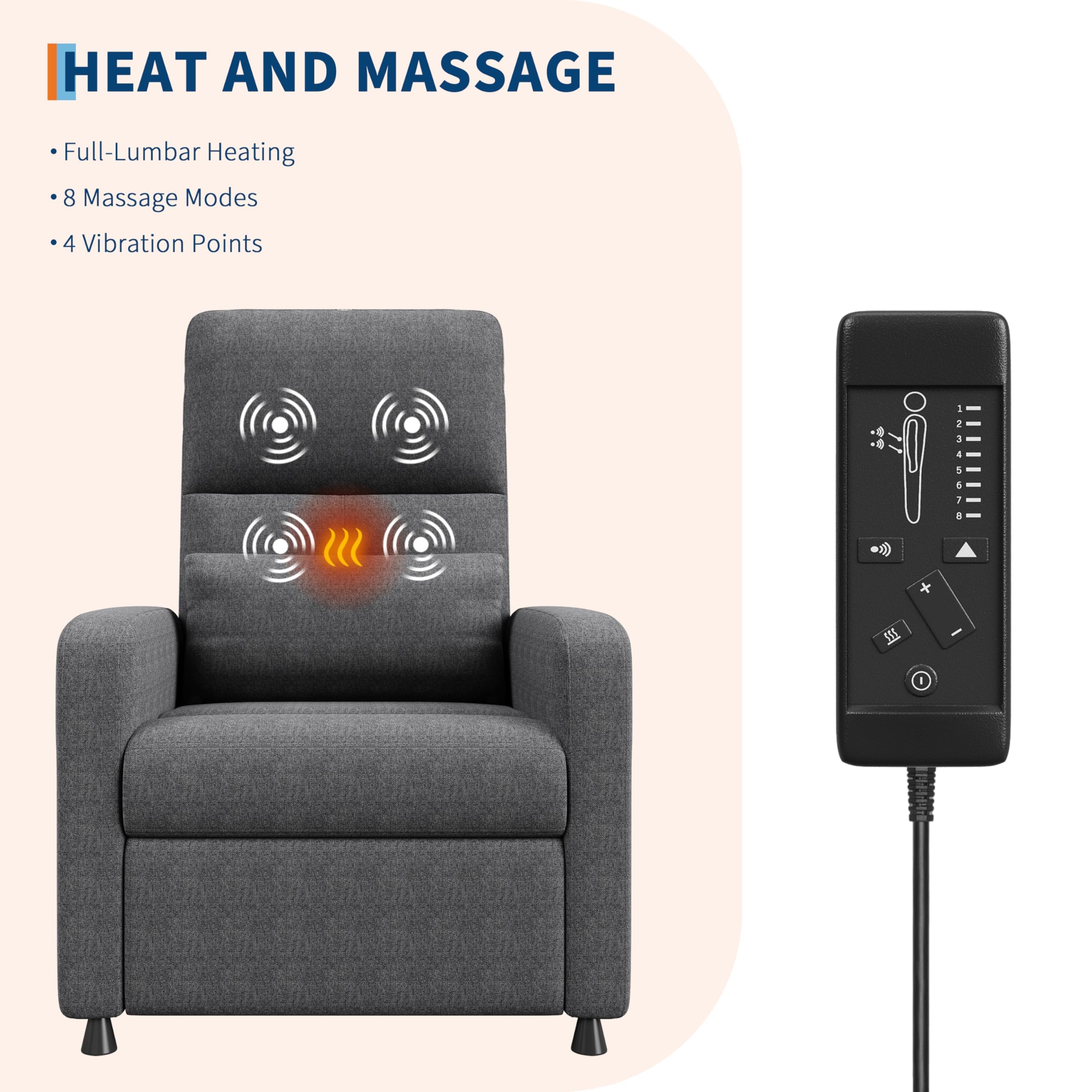Sillón Eléctrico Reclinable con Masaje y Calor, Asiento de Lino con Mando, Respaldo y Reposapiés Ajustables 165°, Puerto USB, Soporte Lumbar para Salón