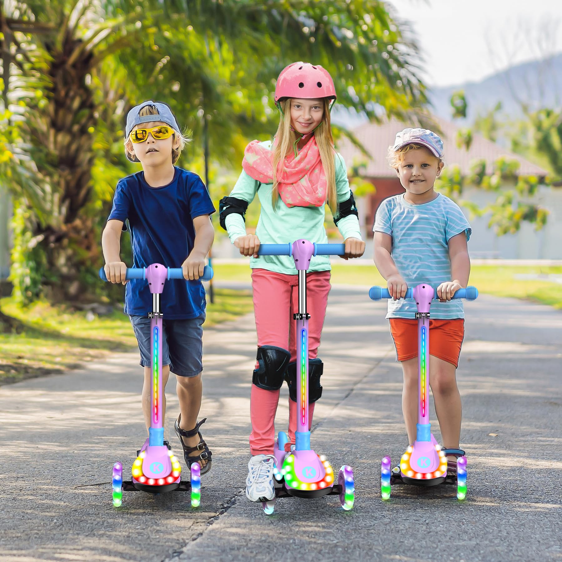 2-in-1 Verstellbarer Kinderroller, 3–12 Jahre, 5-stufiger Lenker, Abnehmbarer Sitz, LED-Räder, faltbar, Pink (Mädchen & Jungen) Schwarz