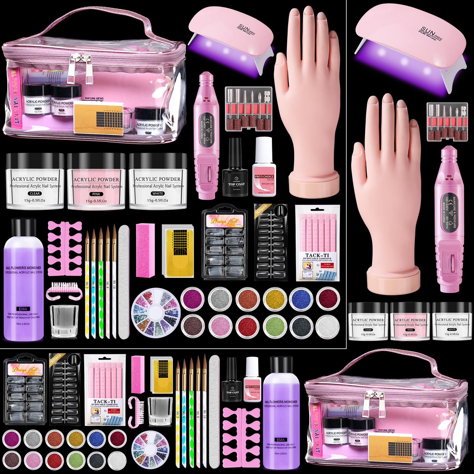 Yokilly Kit Ongle Acrylique Complet En Gel: Kit D'ongles en Acrylique pour Débutants avec Main D'entrainement Manucure UV Lampe Ponceuse Pour Ongles - Manucure Gel Kit avec Sac Rose