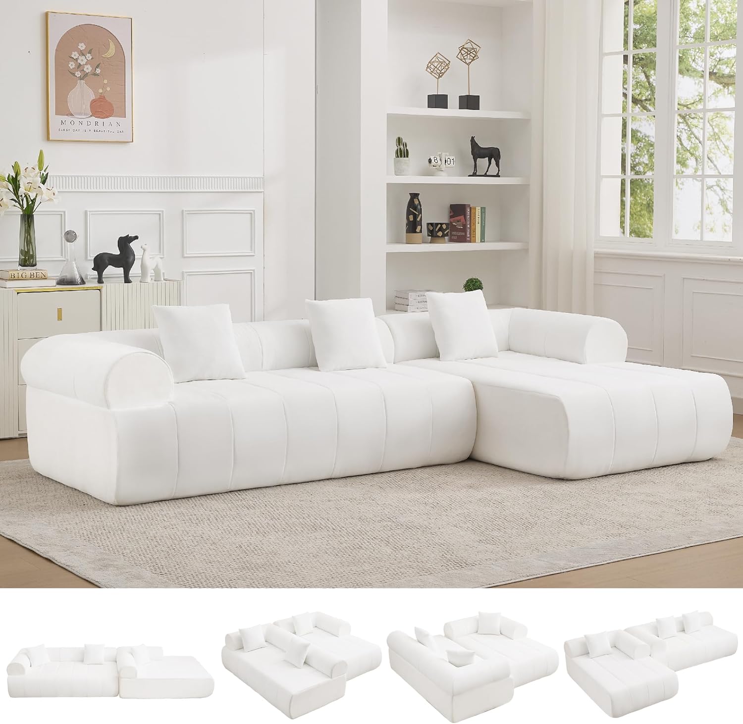 119'' Curved Boneless Sofa Couch, 3 Seat Cloud L Shaped Deep Seat Couches for Living Room, No Assembly Modular Sofa with Right Chaise Lounge, Black
