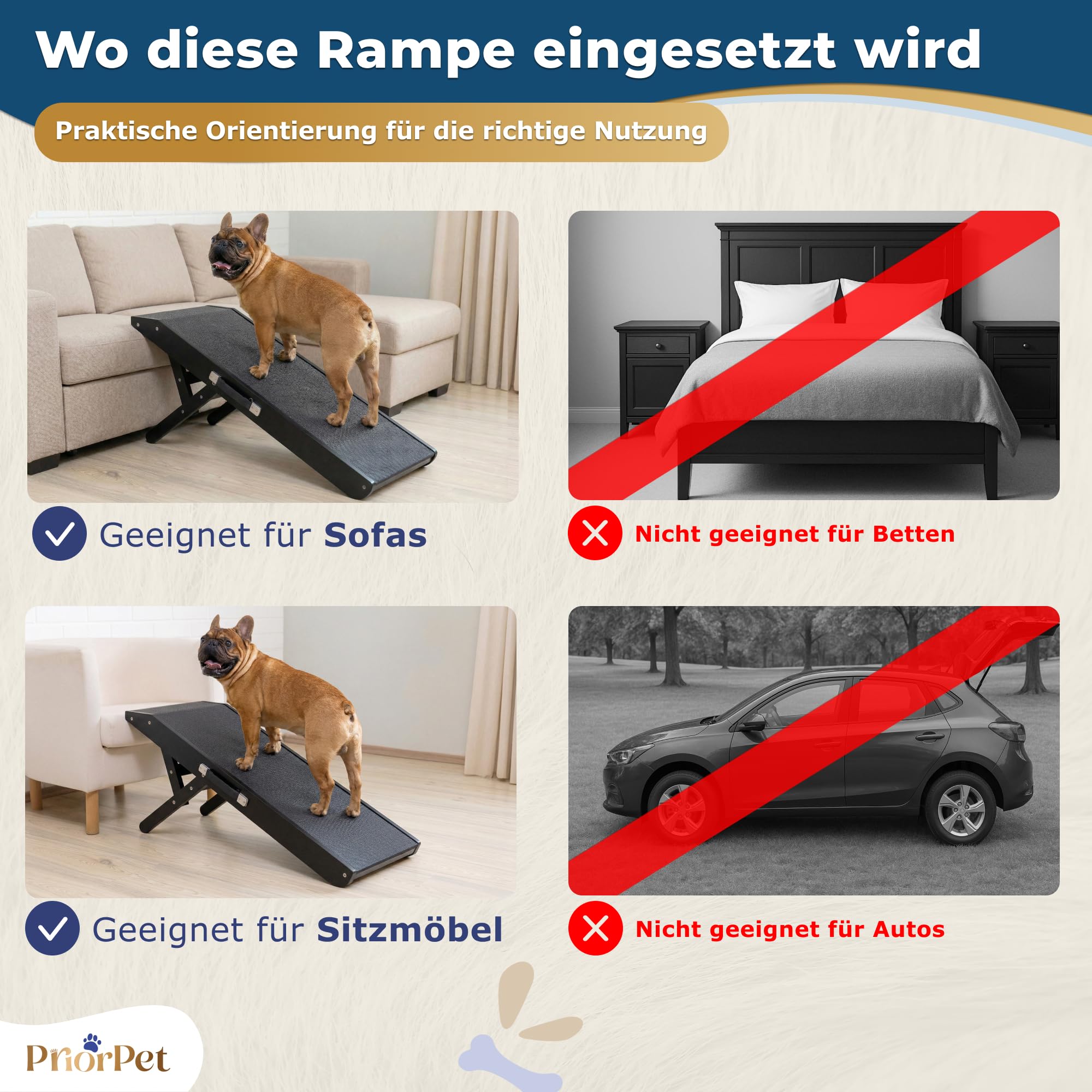Hunderampe - Hundetreppe für kleine Hunde und große Hunde - Einstellbar 18-53 cm - Für Bett Sofa - Birkenholz - Landeplattform schließt nahtlos an - Rampe Hund Klappbar - Anti-rutsch Einsatz Schwarz