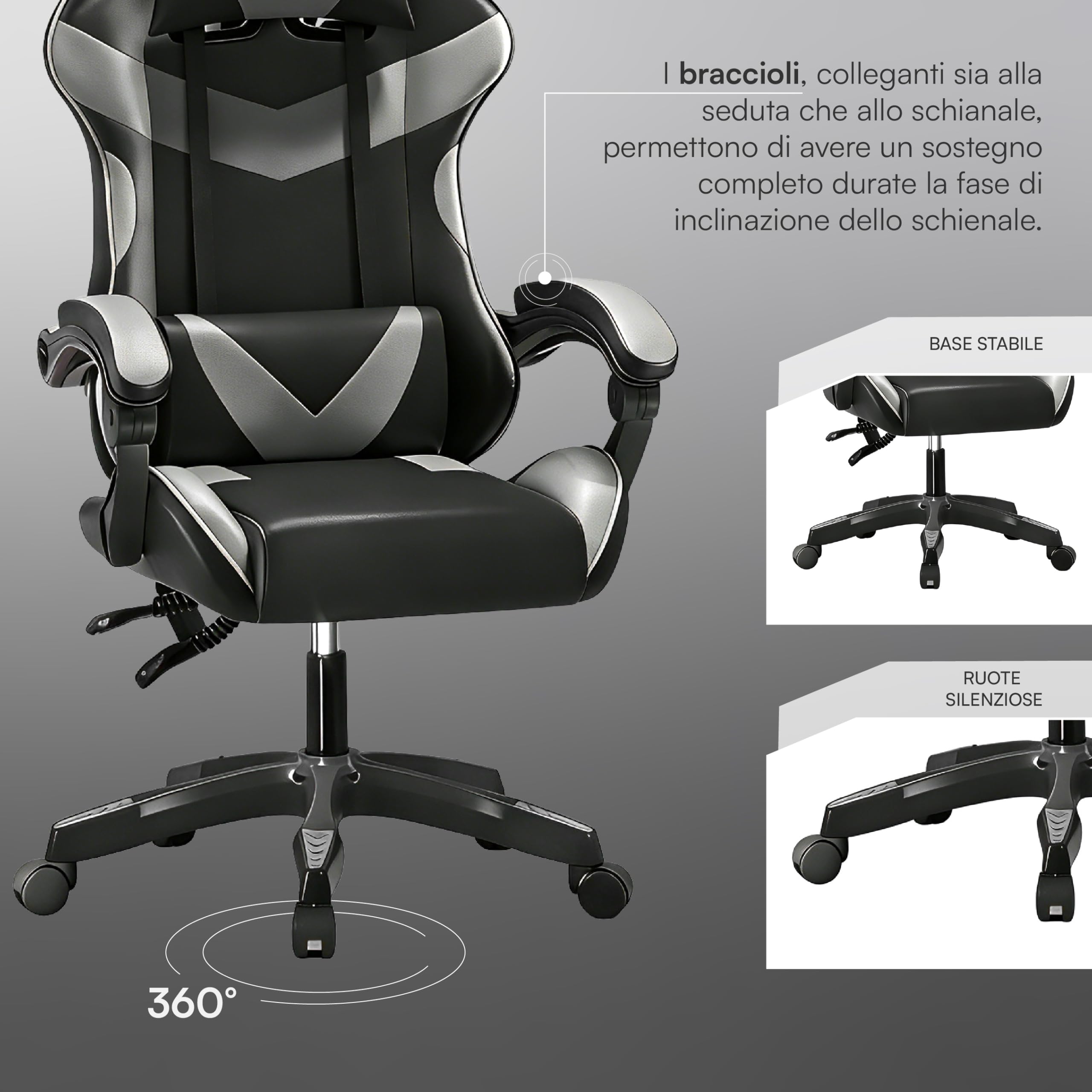 Baroni Home Sedia Gaming con Schienale Ergonomico Inclinabile e Altezza Regolabile, Sedia Ufficio con Supporto Lombare, Poggiatesta Imbottito, 50x62x110-120 cm, Nera e Grigia