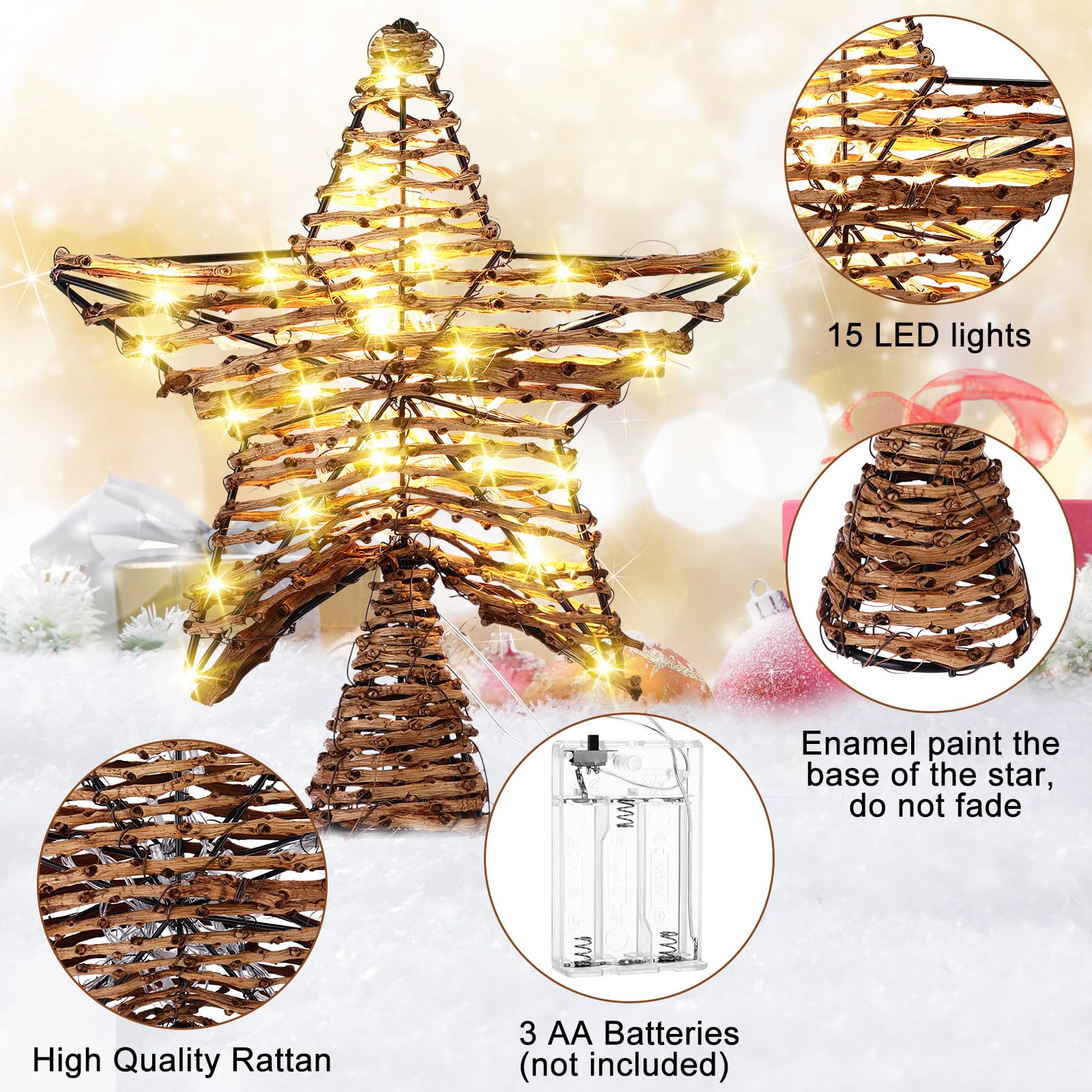 Threan Estrella de ratán de Navidad, 14 pulgadas de arpillera de ratán con luces cálidas, decoración rústica para árbol de Navidad, adorno de árbol de Navidad, fiesta en el hogar en interiores (15