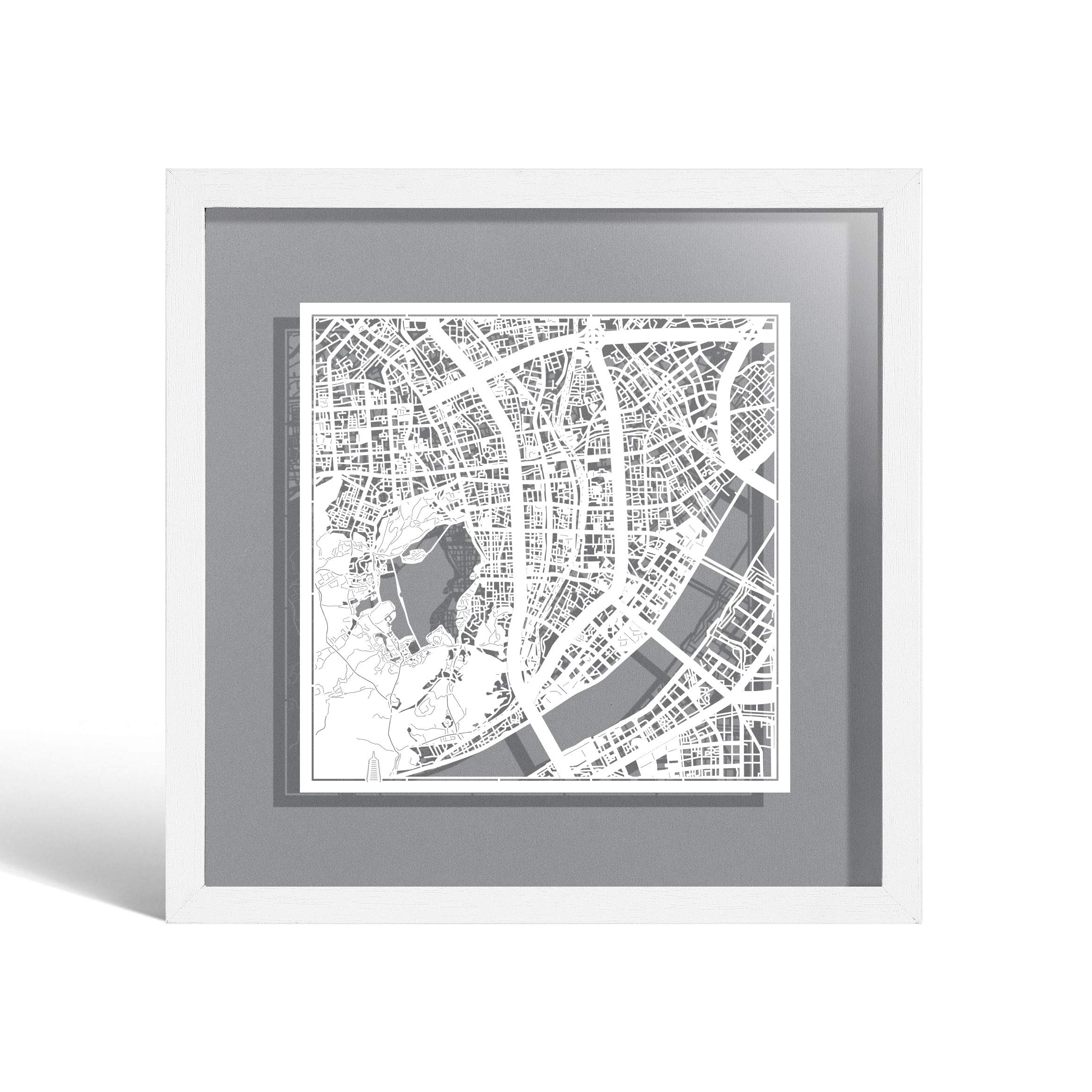 O3 DESIGN STUDIO Hangzhou Paper Cut Map framed, White map, White frame, 9x9 inches, Gift Boxed, 4 background color, self-changing, Paper Art — image 1