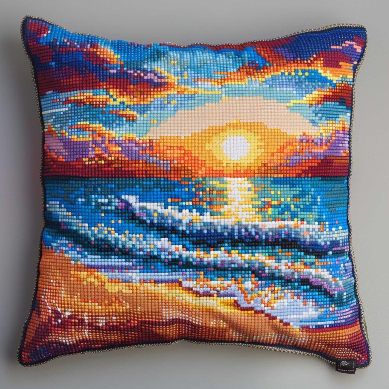 Henypt 9CT Cross Stitch Cushion Kit Sunrise At Sea DIY Cushion Embroidery Kit Needlepoint Handmade Needlework Cushions Kits Stitched Pillow Cover Set for Adults Beginners 45x45cm