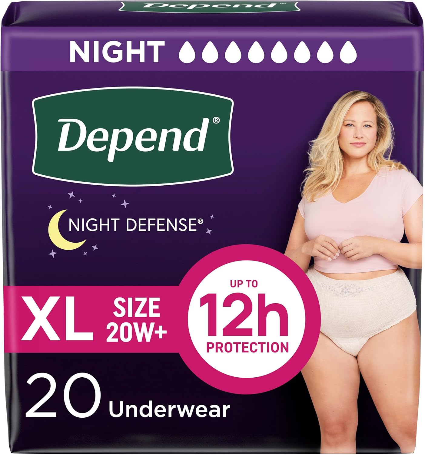 Depend Night Defense Adult Diapers, Incontinence & Postpartum Bladder Leak Underwear for Women, Disposable, Overnight, Extra-Large, Blush, 20 Count, Packaging May Vary X-Large 20