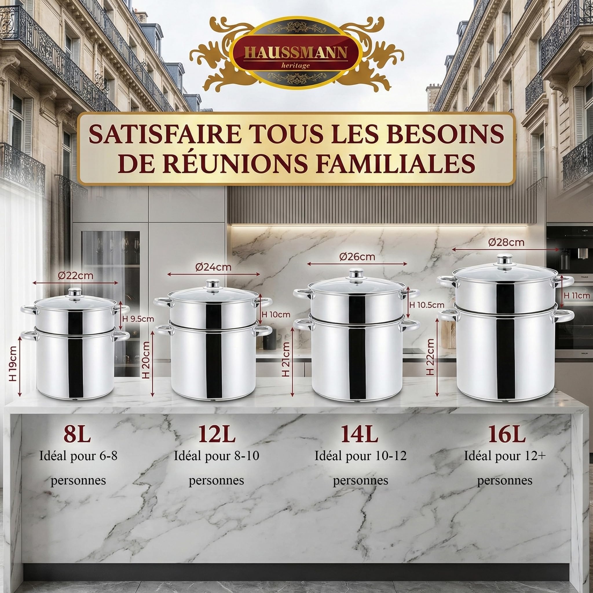 HAUSSMANN HERITAGE - Couscoussier Inox 14L (Ø 26cm) - Faitout 3 Pièces avec Panier Vapeur et Semoule - Triple Fond Induction et Lave-Vaisselle - Sans PFOA - Couvercle en Verre