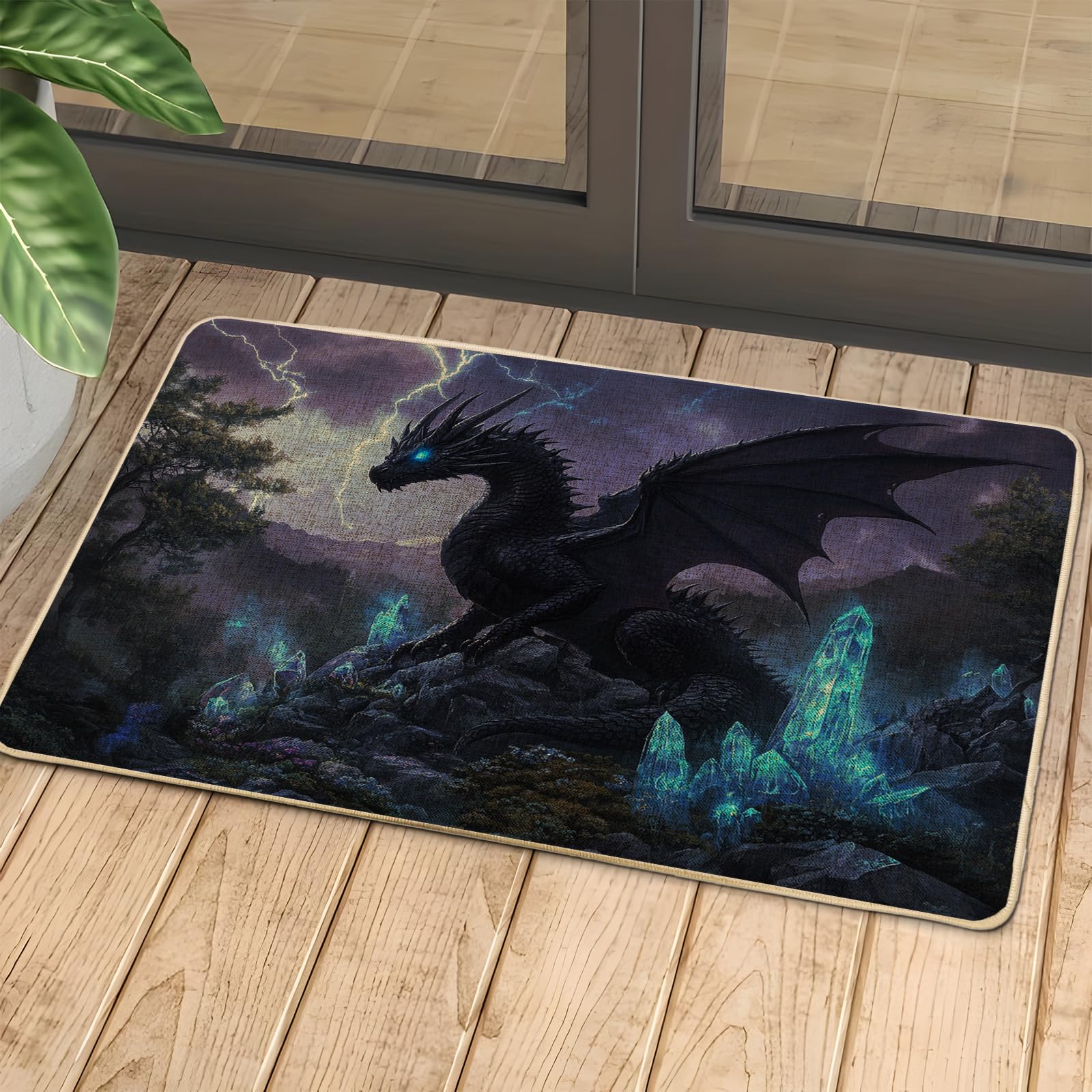 Mystical Dragon Doormat, Black Midnight Beast Door Mat for Outdoor & Indoor Entrance Gothic Decor, Rubber Waterproof Non-Slip Dust Absorbent Front Doormat, Easy Clean 29x17 Inch