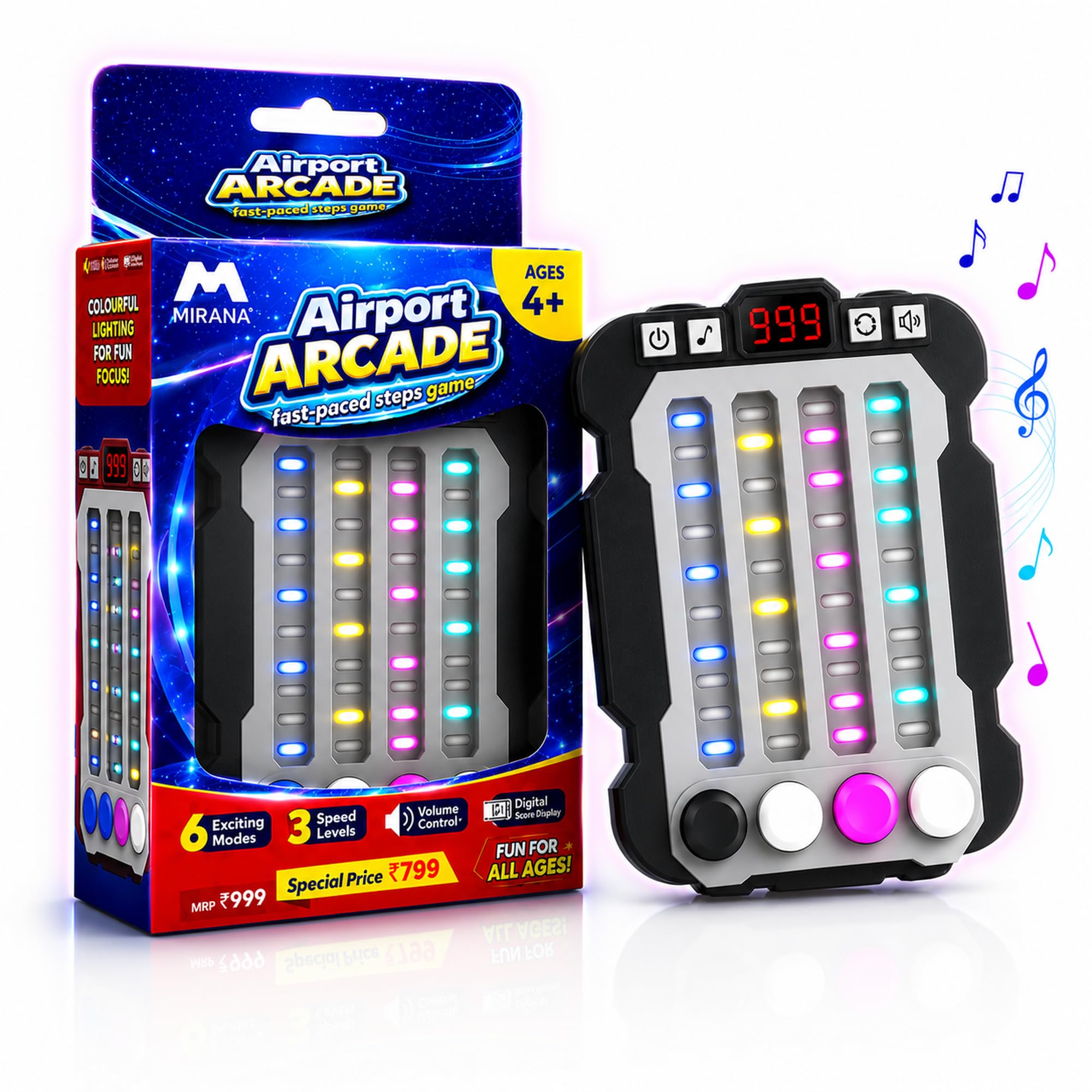 Mirana Airport Arcade - Portable Handheld Steps Game for Kids - 6 Exciting Modes, 3 Speed Levels - Digital Score Display - Toy Gift for Boys & Girls 4+ Years (Black, Airport Arcade)-image-2