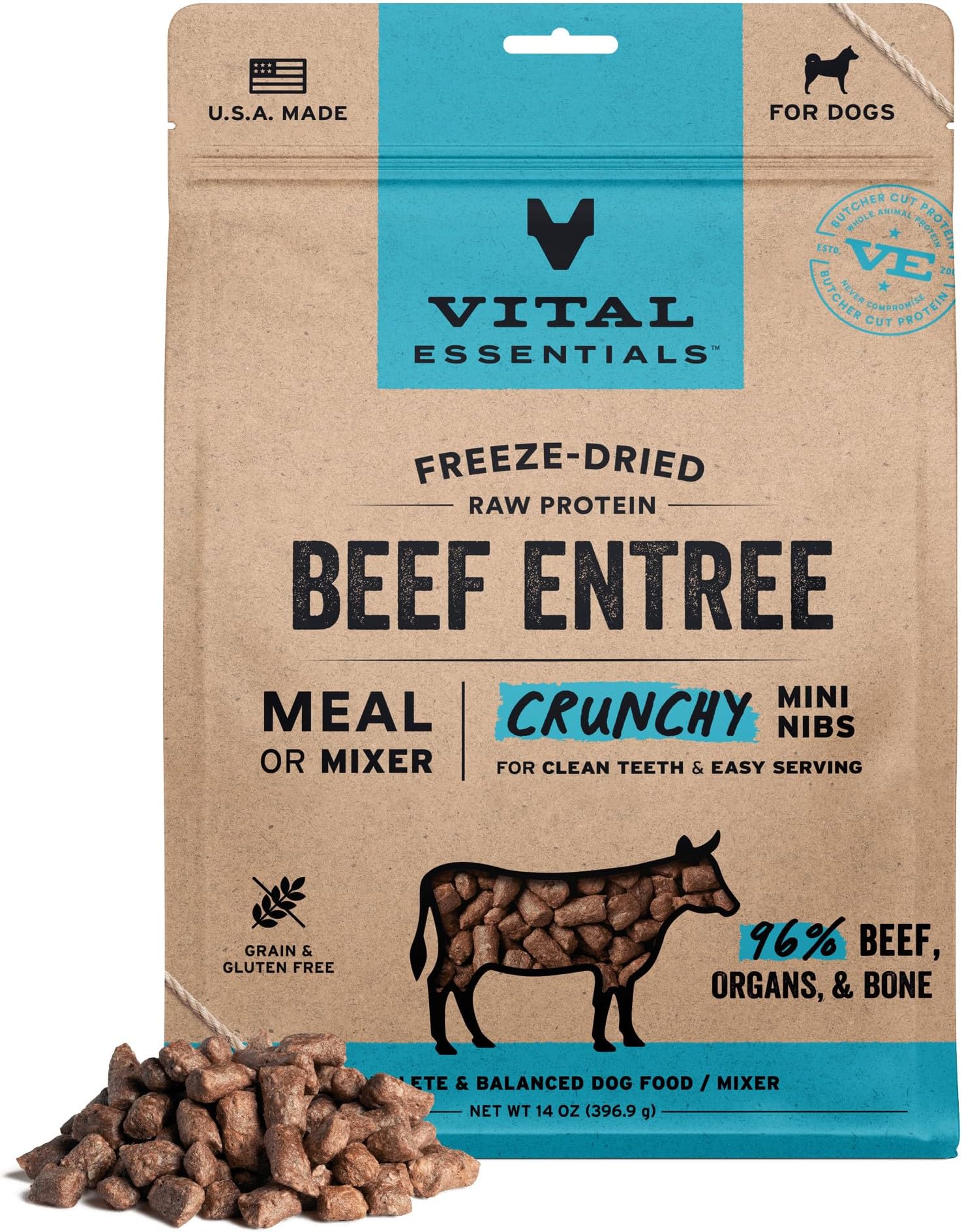 Freeze Dried Dog Food, Raw Beef Crunchy Mini Nibs | Complete Meal or Topper | 96% Beef, Organs & Bone | Limited Ingredient, High Protein, Grain Free Dry Dog Food | 14 oz Bag