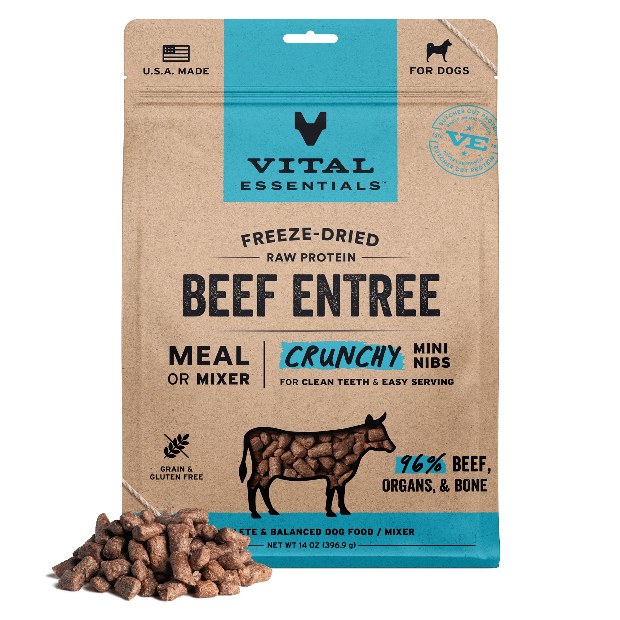 Vital Essentials Freeze Dried Dog Food, Raw Beef Crunchy Mini Nibs | Complete Meal or Topper | 96% Beef, Organs & Bone | Limited Ingredient, High Protein, Grain Free Dry Dog Food | 14 oz Bag