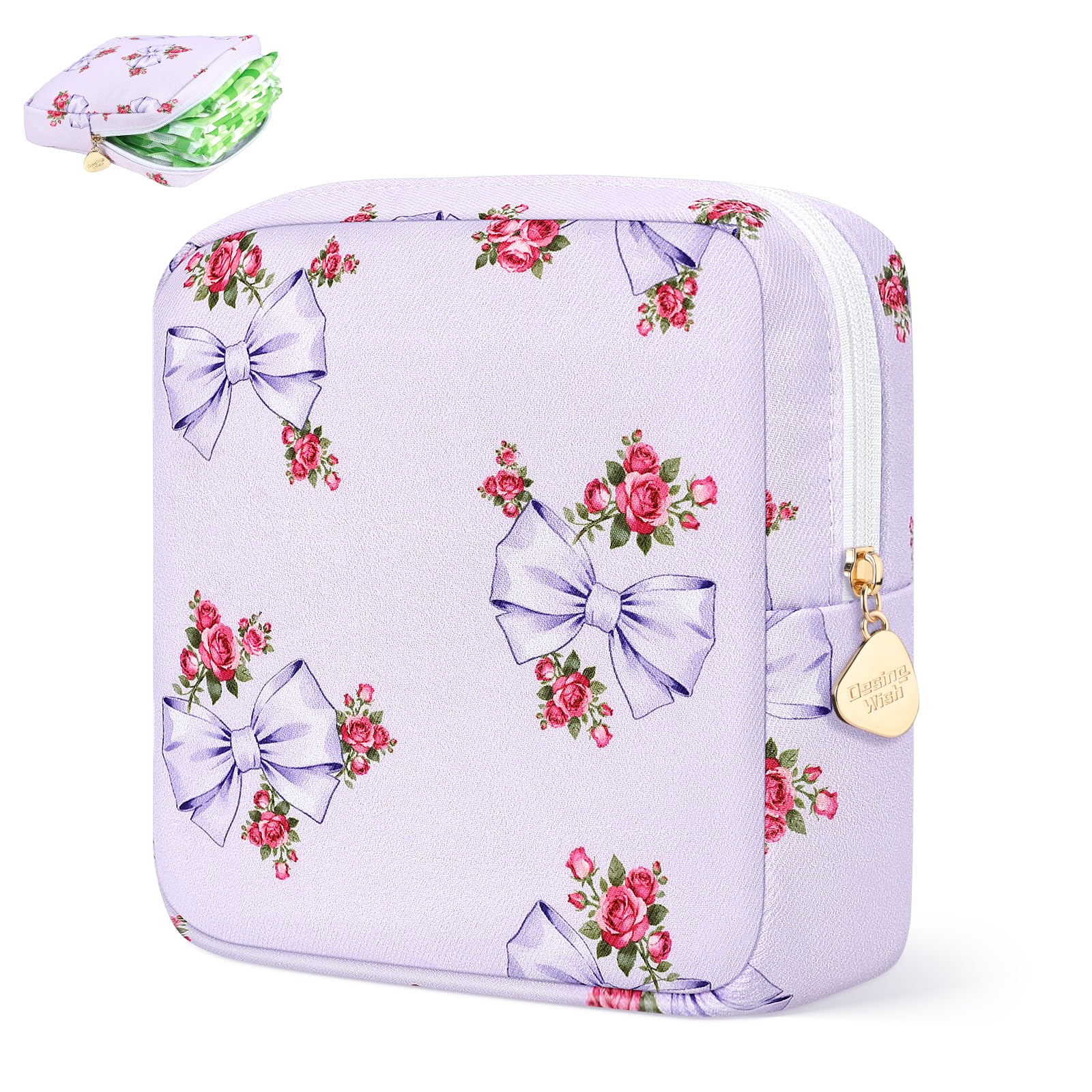Sanitary Pad Storage Bag Portable Period Bag for Teen Pads/Sanitary Napkins/Small Tampons, Sanitary Napkin Storage Bag First Period Gifts for Teen Girls (Purple Rose Bowknot)