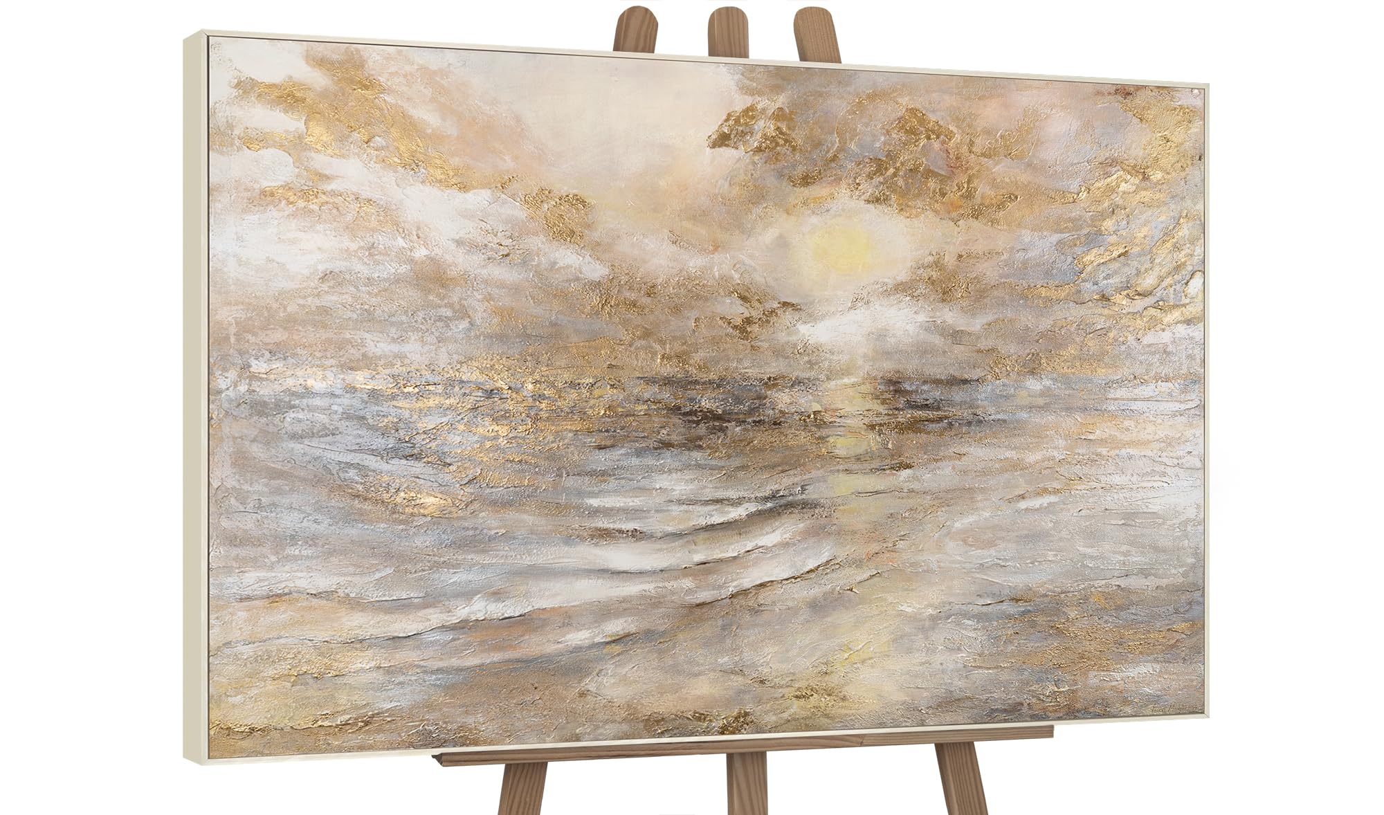 YS-Art Quadro Marino Beige Oro Perla Materico Dipinto a Mano su Tela per Soggiorno Luminoso Camera Relax e Hotel Boutique 120x80 cm