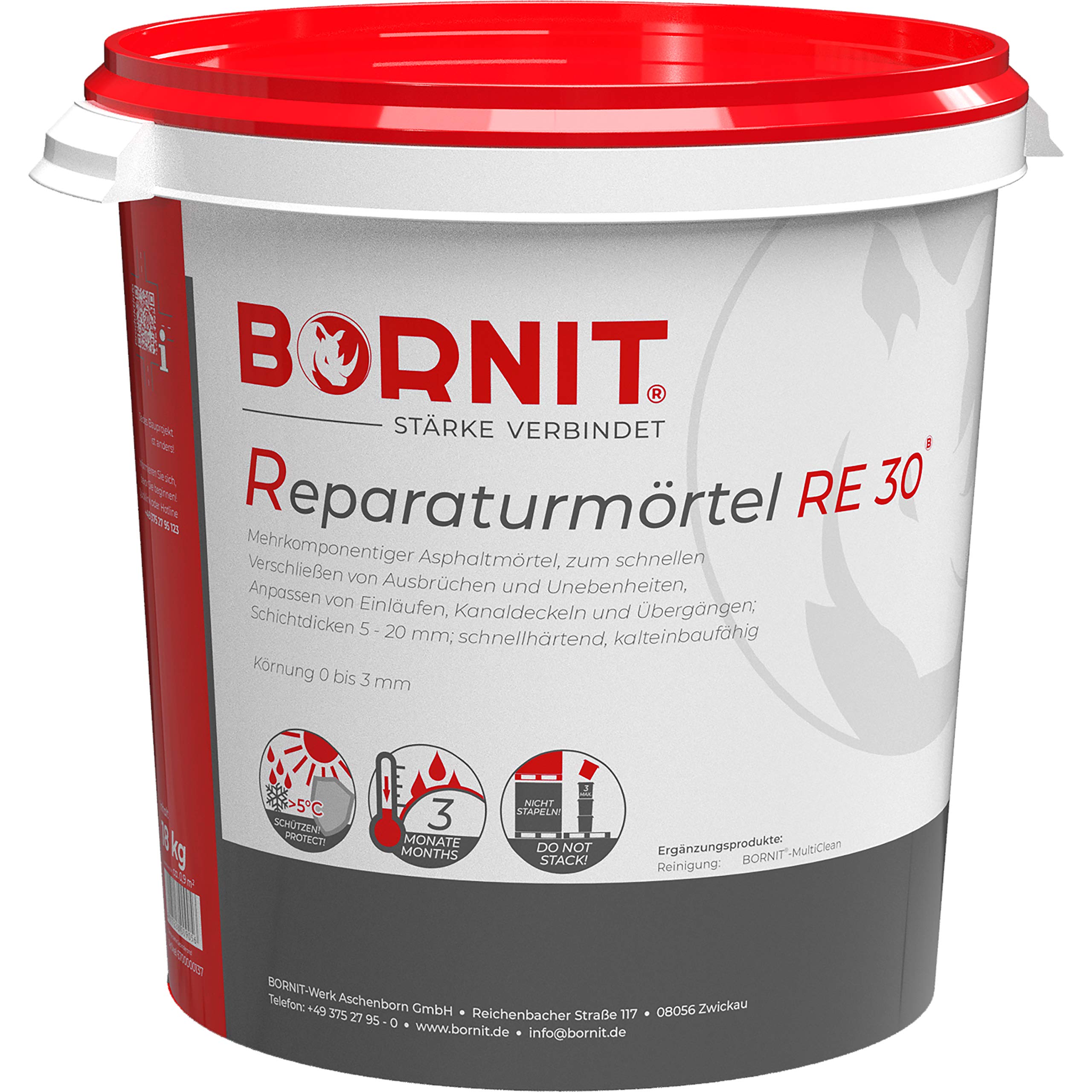 BORNIT Reparaturmörtel RE 30, 18 kg, für Straßenbau, Asphalt & Beton | Bitumen, schnellhärtend zur effektiven Reparatur, kalteinbaufähig