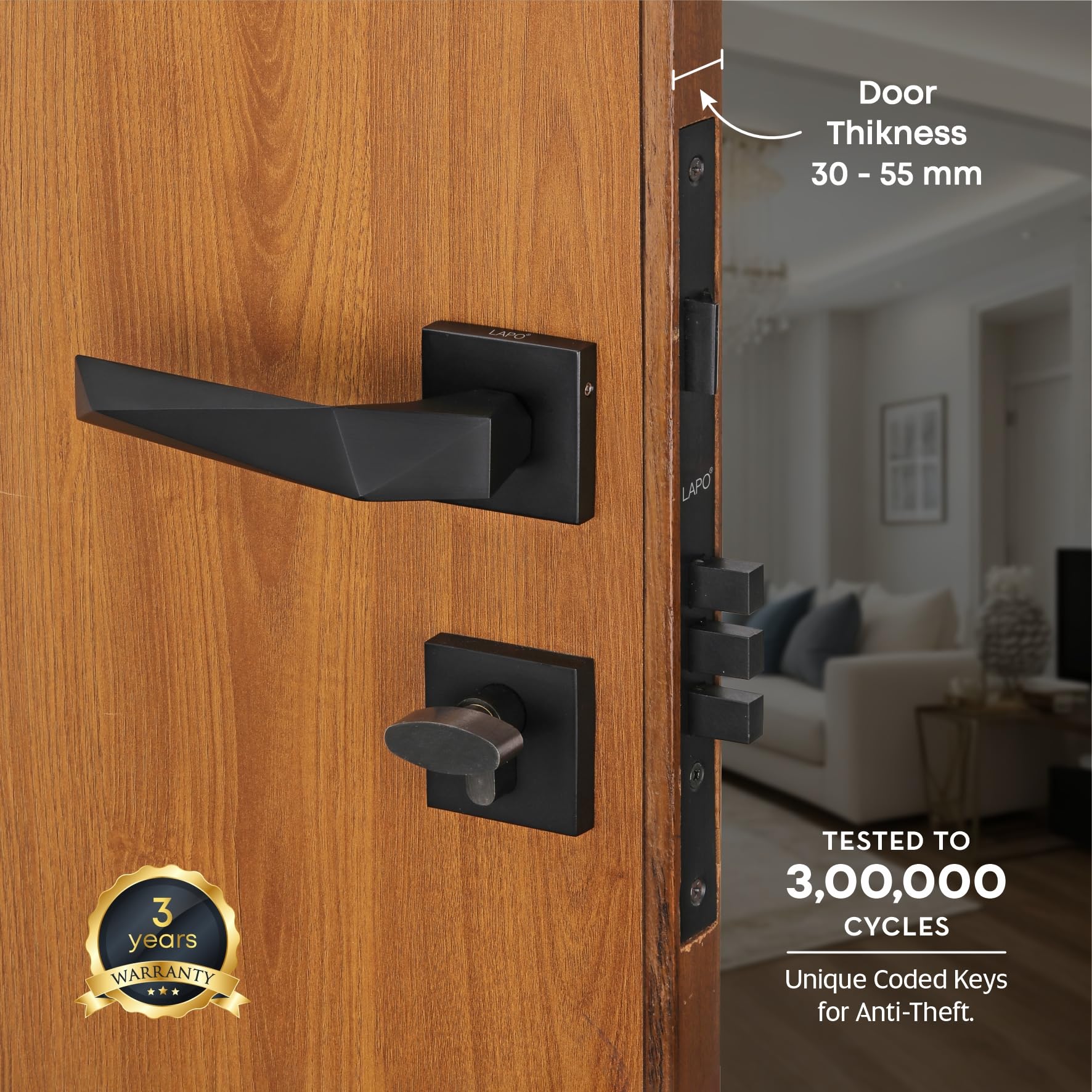 Lapo Premium Mortise Lock Set - 3 Brass Keys -2