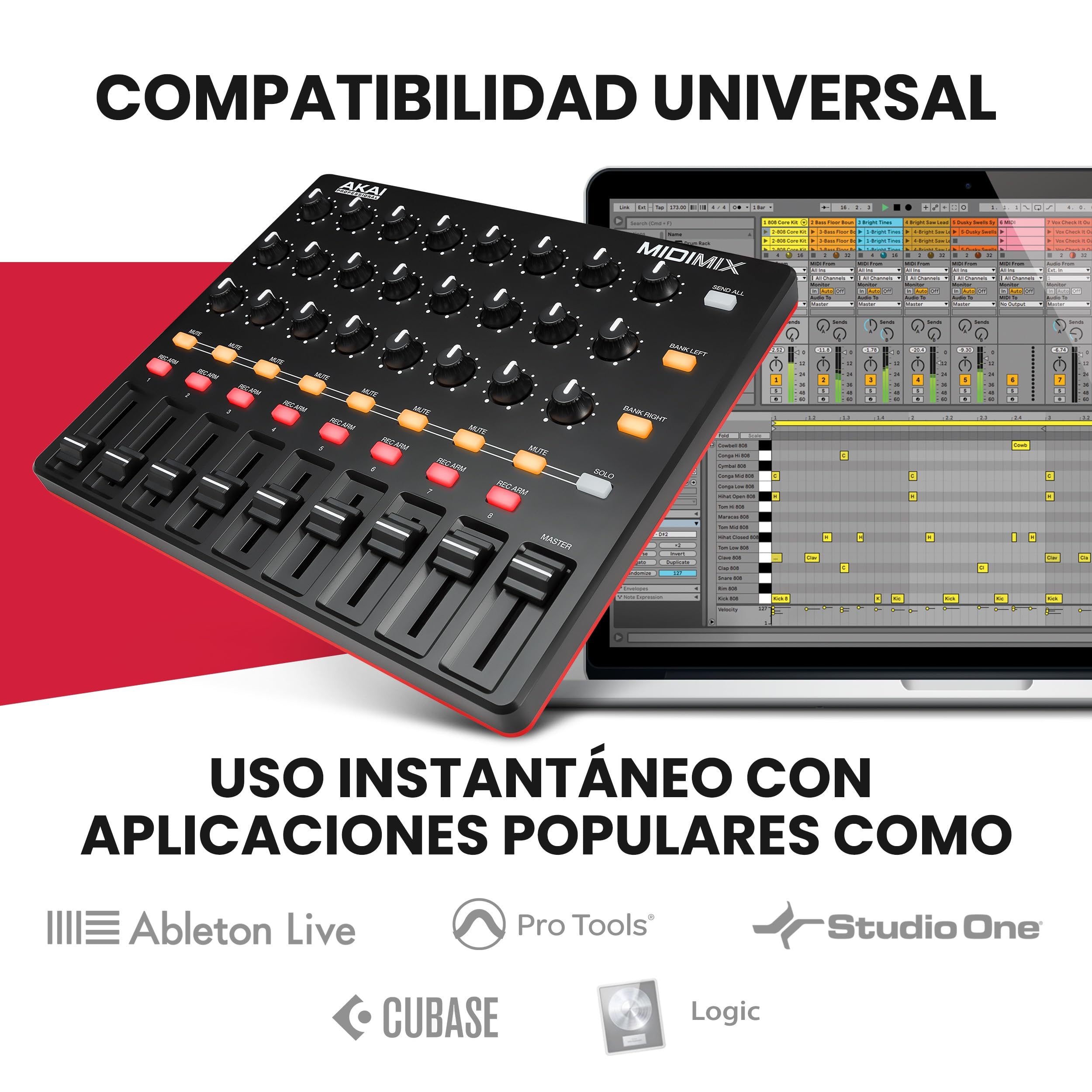 Akai Professional MIDIMIX - Mezclador de Audio, Controlador de DAW MIDI USB, Mesa de Mezclas con 8 Faders, 1 Master Fader, 24 Knobs Asignables y Mapeo con Ableton Live