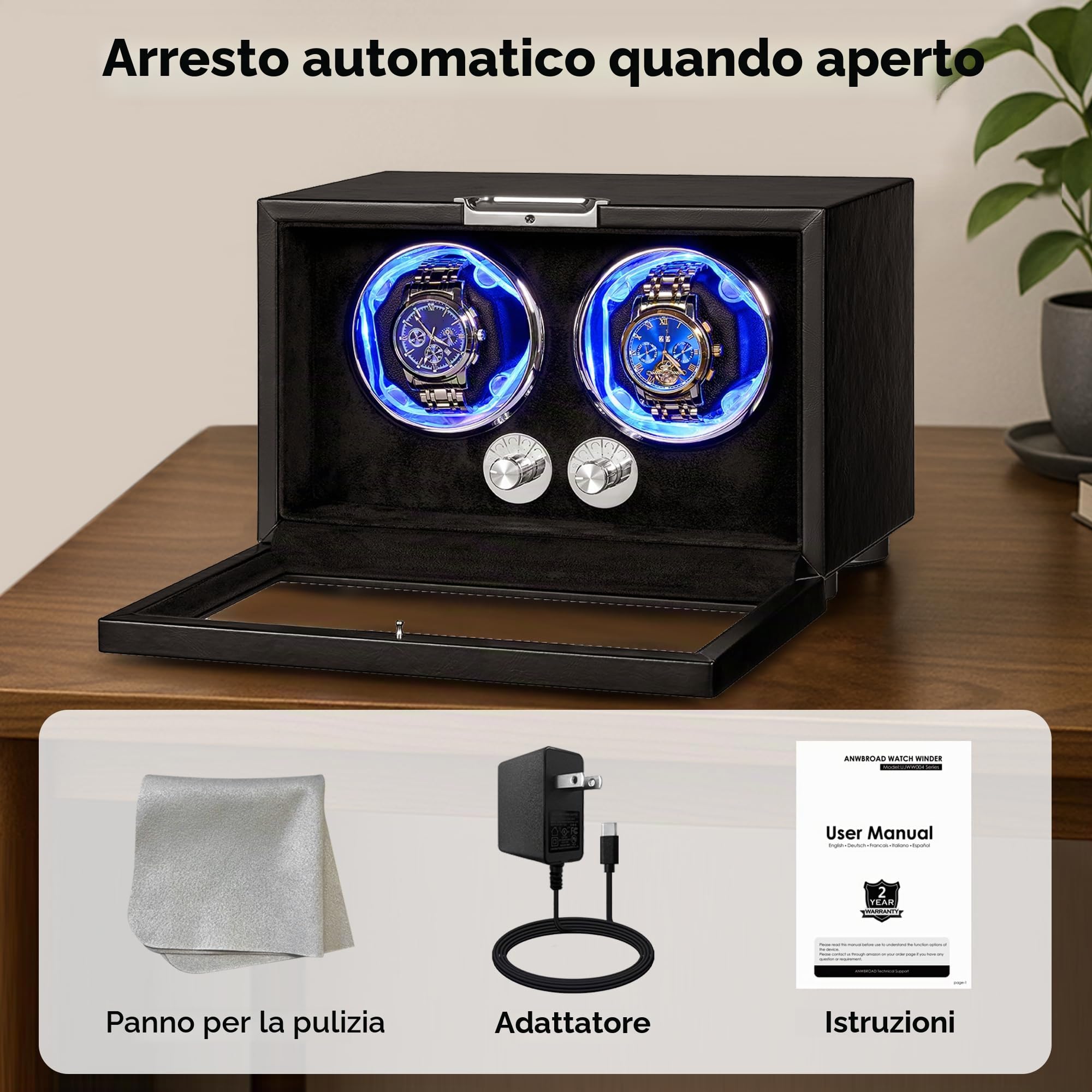 ANWBROAD Caricaorologi per orologi automatici, doppio rotatore per orologi con LED e 4 modalità, motore Mabuchi super silenzioso, adattatore UJWW004B