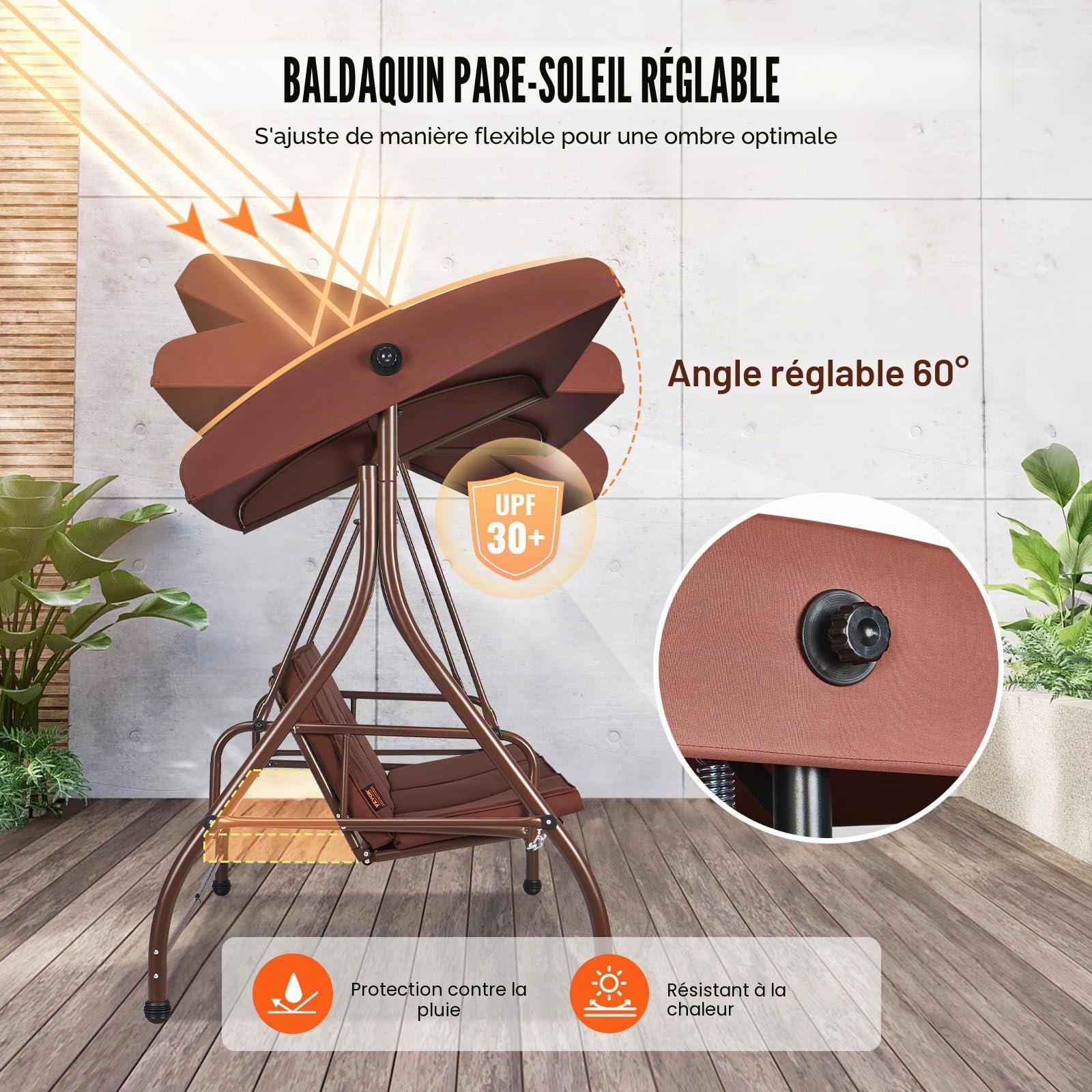 VEVOR Balancelle de terrasse 3 Places, balançoire Convertible avec auvent réglable de Porche extérieur, avec Coussin épais Amovible, Cadre en Acier allié, pour Balcon, Jardin, Bord de Piscine, Marron