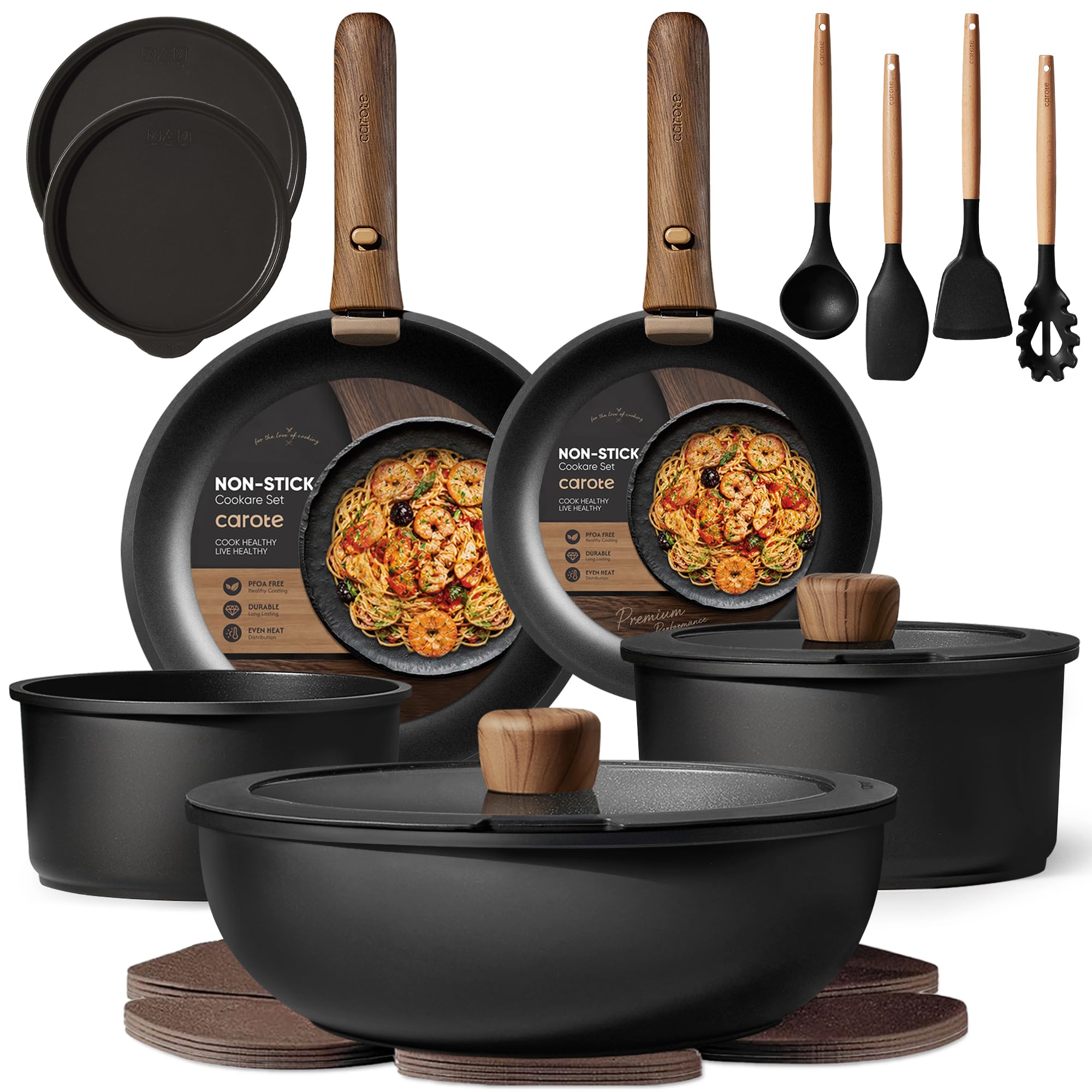 CAROTE Set di pentole e padelle antiaderenti, con manico staccabile, 19 pezzi | Compatibile con induzione, lavabile in lavastoviglie e forno, salvaspazio, per campeggio, camper, viaggi, set da cucina, nero