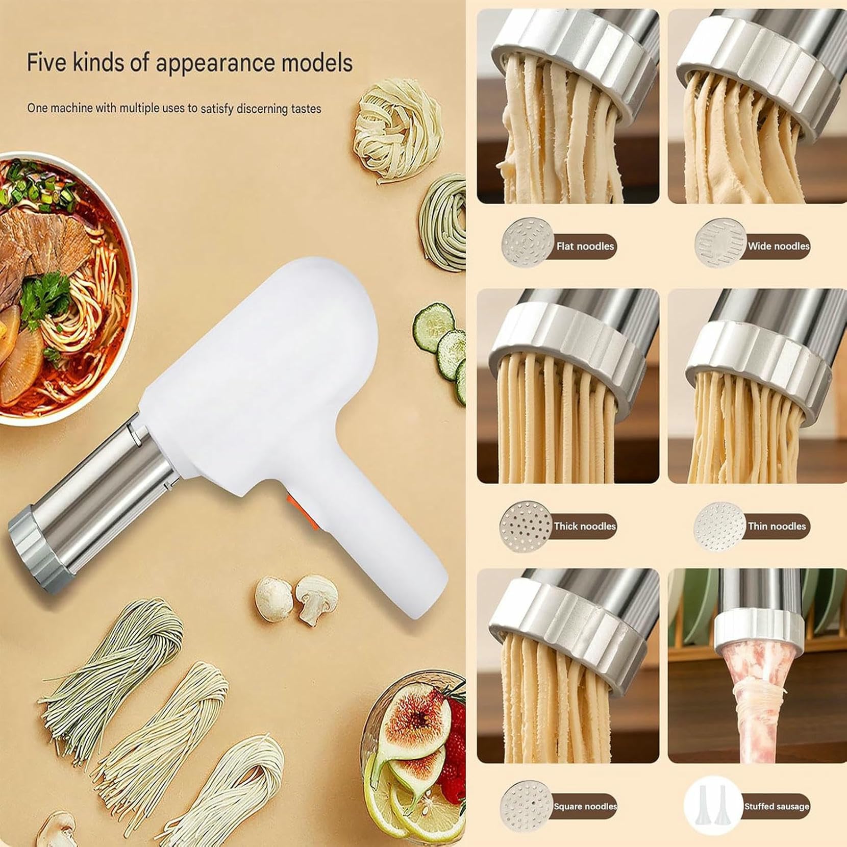 Con 5 moldes for fideos, extrusora de pasta pequeña recargable 1500 mAh for espaguetis, fettuccini y lasaña caseros