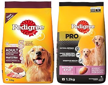 Pedigree Adult Dry Dog Food- Meat & Rice, 1.2kg Pack & PRO Expert Nutrition Lactating/Pregnant Mother & Pup (3-12 Weeks) Adult and Baby Dry Pellet Dog Food, Chicken, 1.2kg Pack