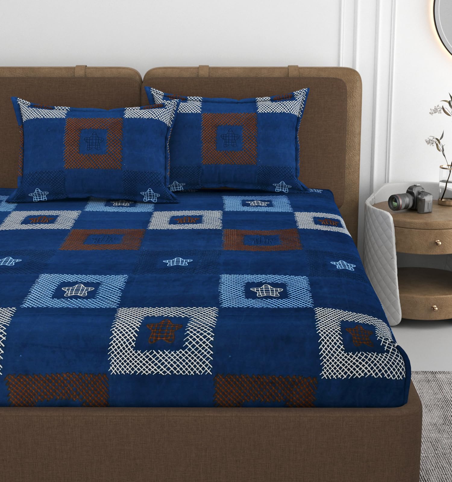 VOMZER 320 TC Cotton Feel All Around Elastic Fitted Floral Bedsheets King Size, Premium Fitted Bedsheets King Size for Double Bed with 2 Pillow Covers, Size- 78" x 72" Blue