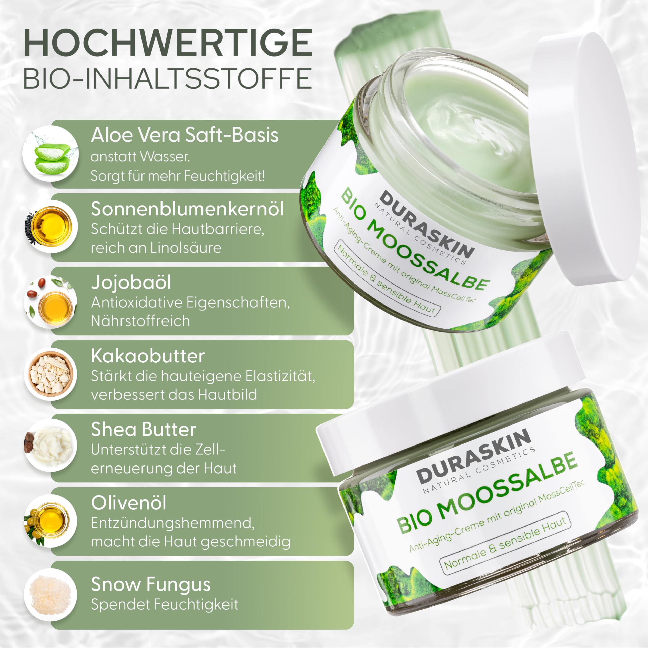 BIO Moossalbe gegen Falten mit hochwirksamen MoosCellTec | TESTSIEGER Mooscreme für Gesicht mit Anti Aging Wirkung als Feuchtigkeitscreme Tag & Nacht | vegane Naturkosmetik Made in Germany