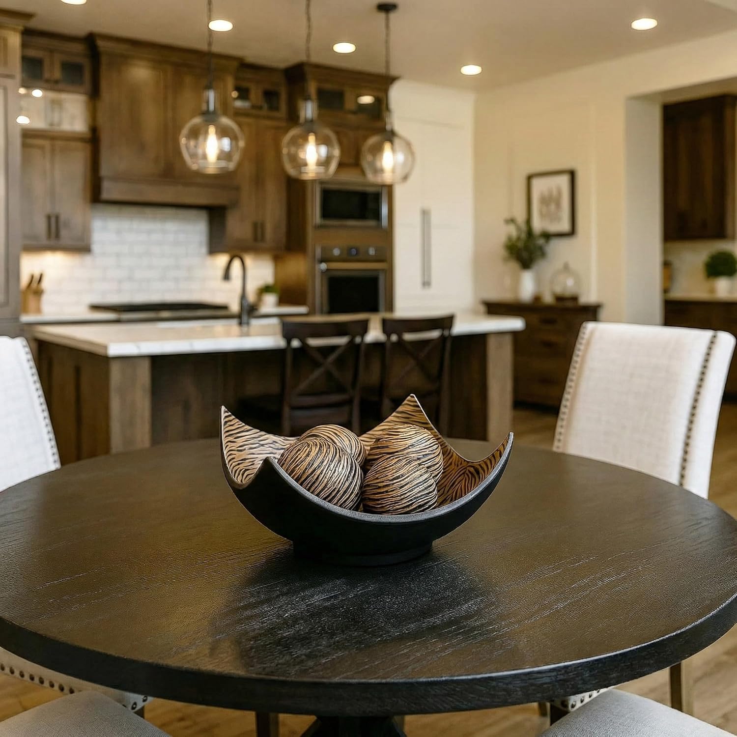 Seraphic 5pc Large Decorative Scoop Bowl Set with Stylish Orbs/Balls – Elegant Centerpiece for Dining/Kitchen Table, Living Room, or Office Decor, 14" diagonal. 11" wide and 5.75" tall, Brown