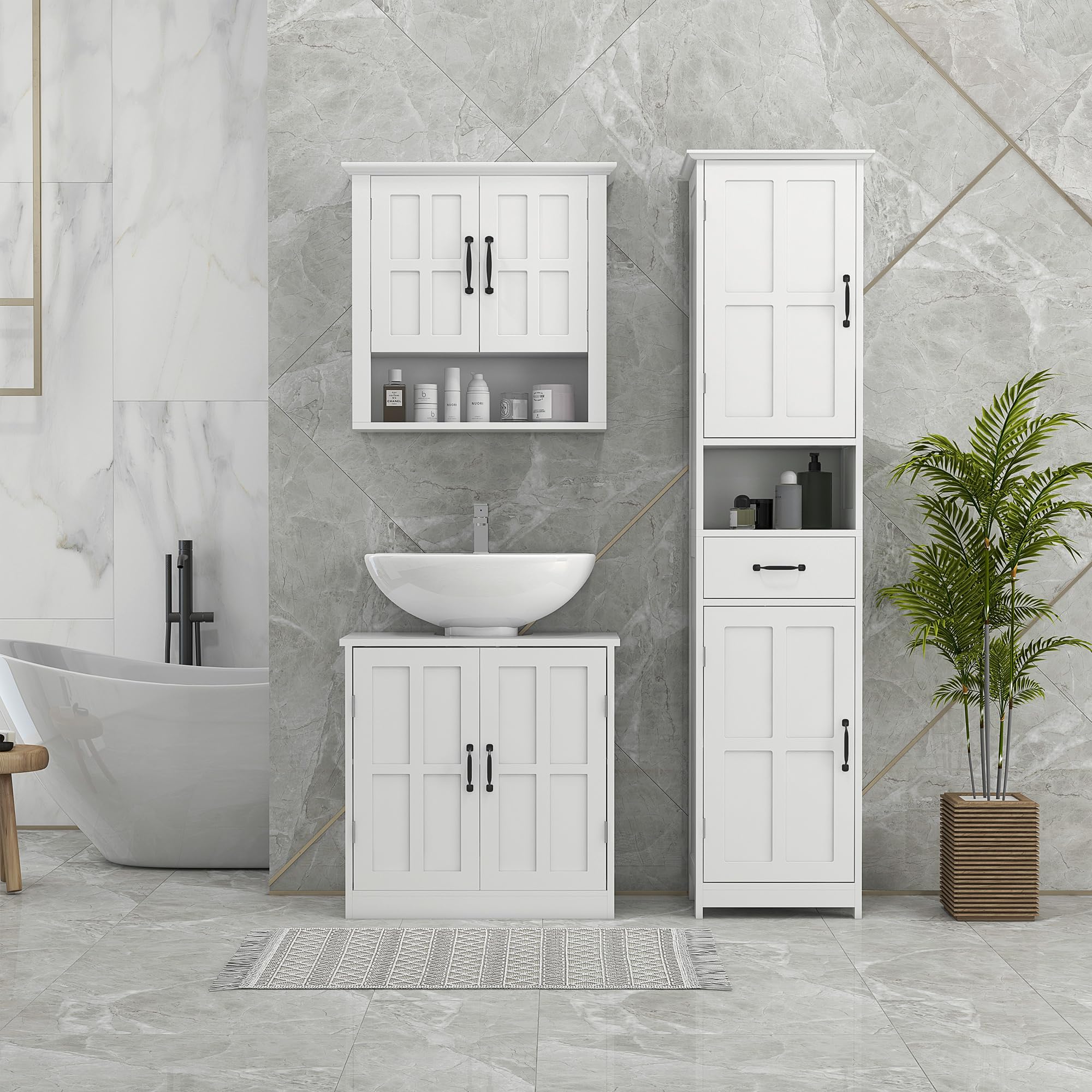 kleankin Slim Bathroom Storage Cabinet, Tall Bathroom Cabinet, Linen Tower with Open Shelf, Drawer, Recessed Doors, and Adjustable Shelves, White