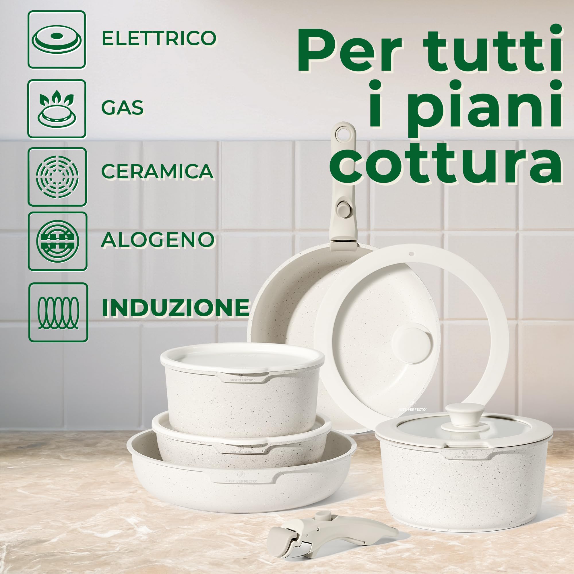 Just Perfecto Essential Batteria di Pentole 11 Pezzi, Manici Amovibili Padella con Casseruola Fonda, Padella, Tegame, Wok, Coperchi, Antiaderenti per Induzione,Lavastoviglie, Gas e Forno (Biege)
