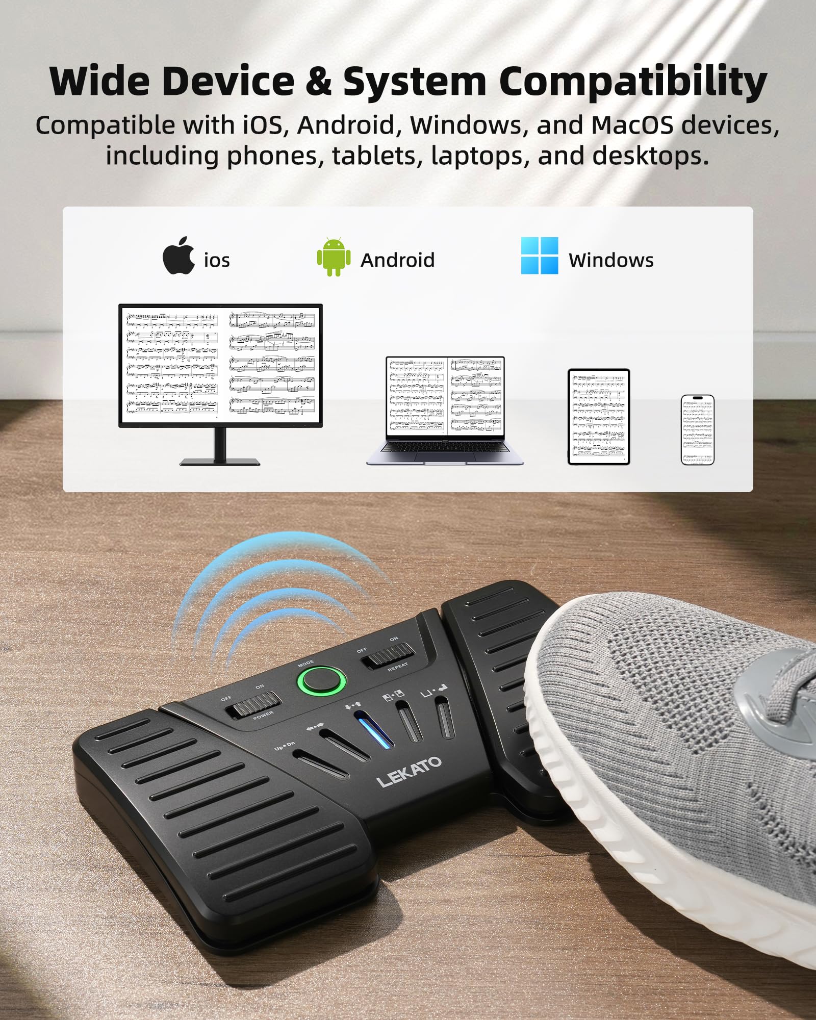 LEKATO Bluetooth Page Turning Pédale sans fil, tourne-page Bluetooth, contrôleur d'application rechargeable pour téléphone, tablettes, portable, 5 modes, pédale pour jouer des instruments ou inviter