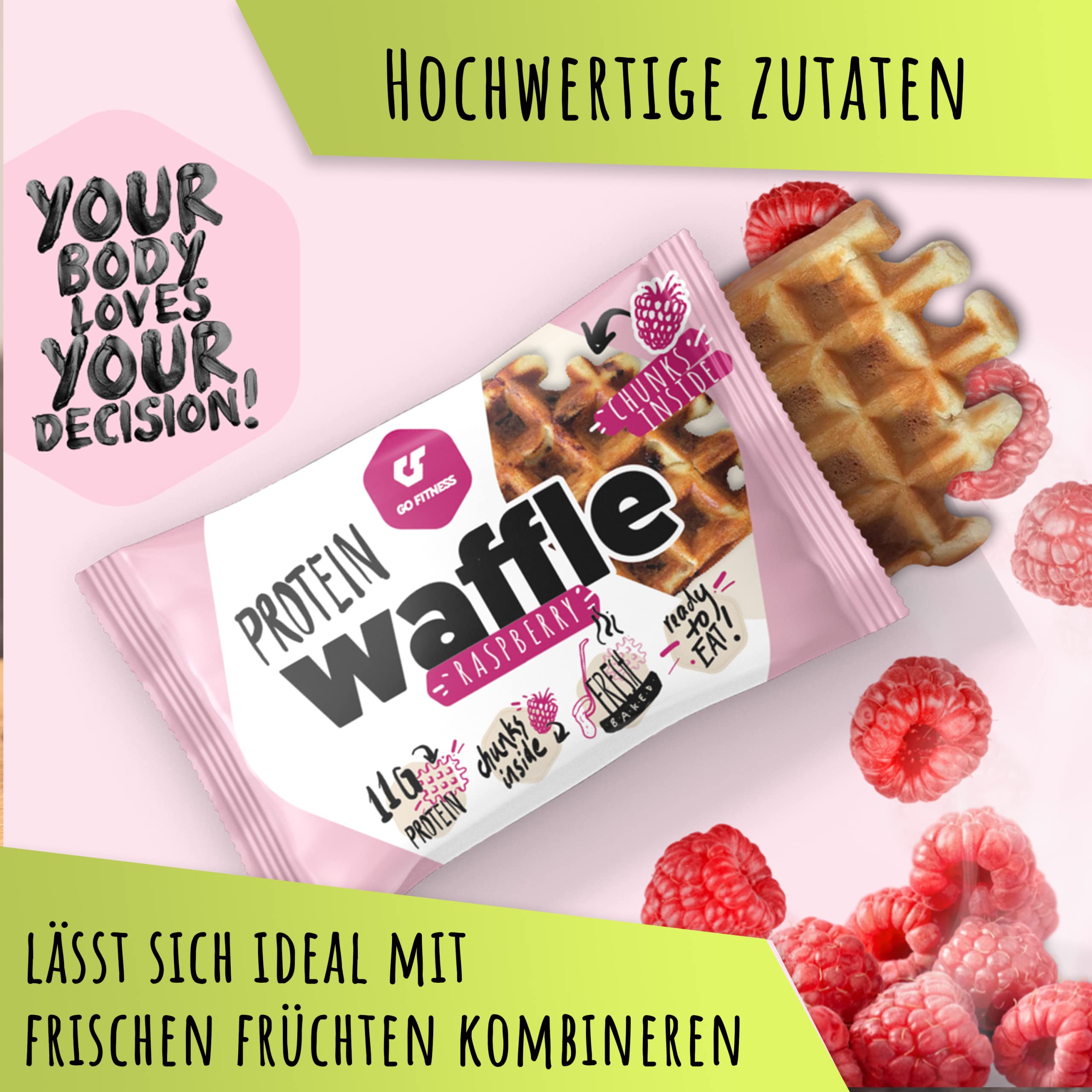 NEUE REZEPTUR - Go Fitness – [12x 50g] High Protein Waffeln – Himbeere - Waffeln extrem lecker und frisch gebacken - gesunde Energieriegel zum Muskelaufbau - Eiweißriegel 11g Protein