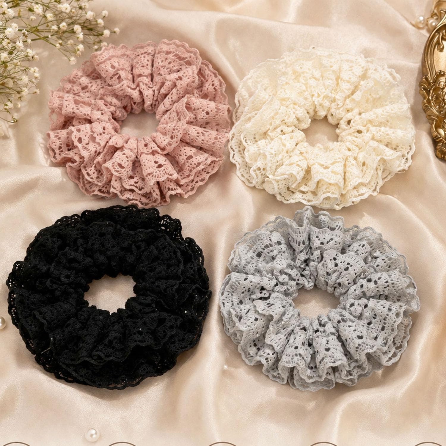 Ashkash Premium Lace Ruffle Hair Scrunchies for Women & Girls | Soft Stretch Elastic Ponytail Holder | Korean Style Fabric Hair Tie | No Hair Damage | Fashion Hair Accessories | Pack of 4 (Pink, White, Grey & Black)-image-18