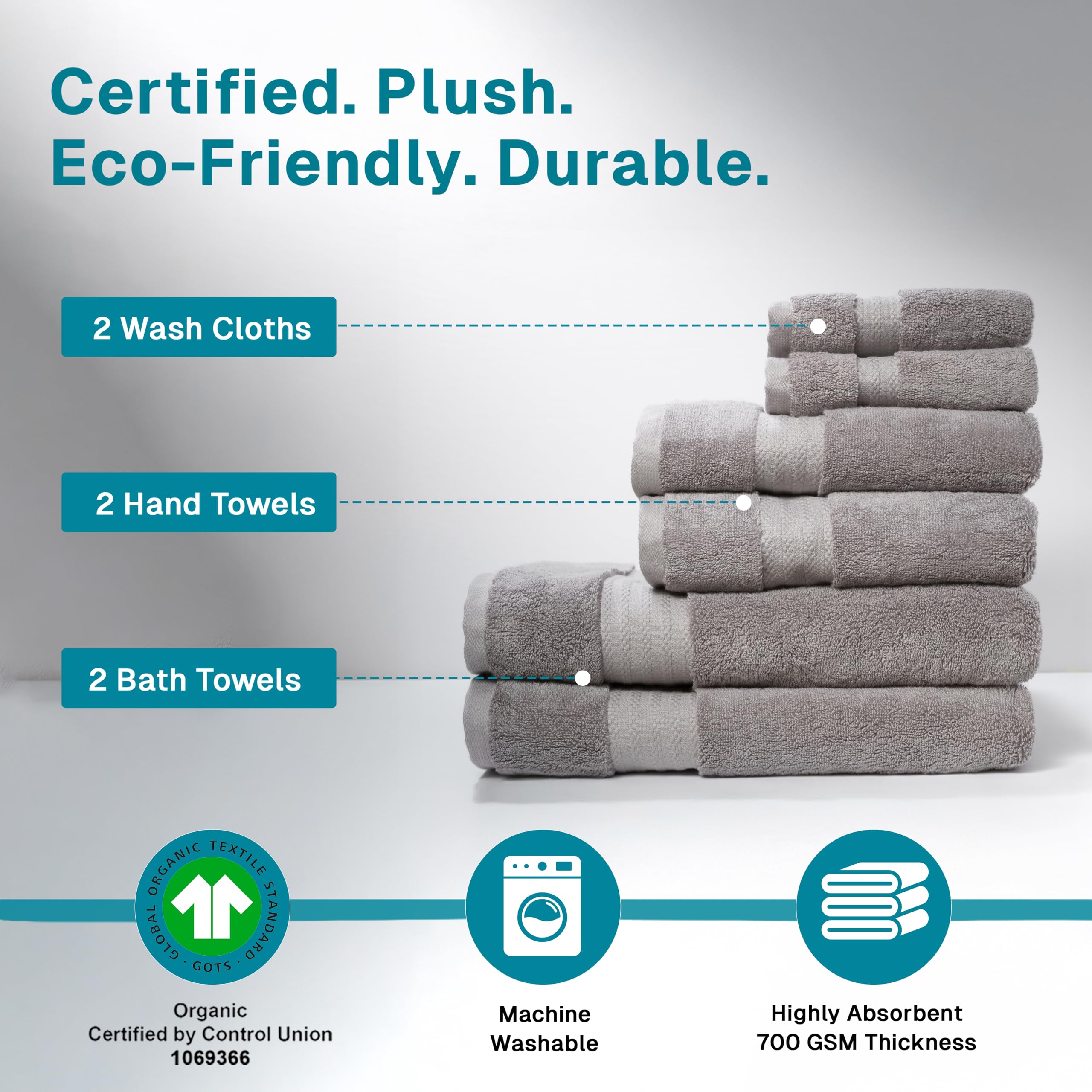 Lot de 6 Serviettes de Bain 100% Coton Bio – Certifiées GOTS – Serviettes de qualité hôtelière – 700 g/m² – 2 Serviettes de Bain de 76,2 x 142,2 cm – 2 essuie-Mains de 40,6 x 76,2 cm – 2