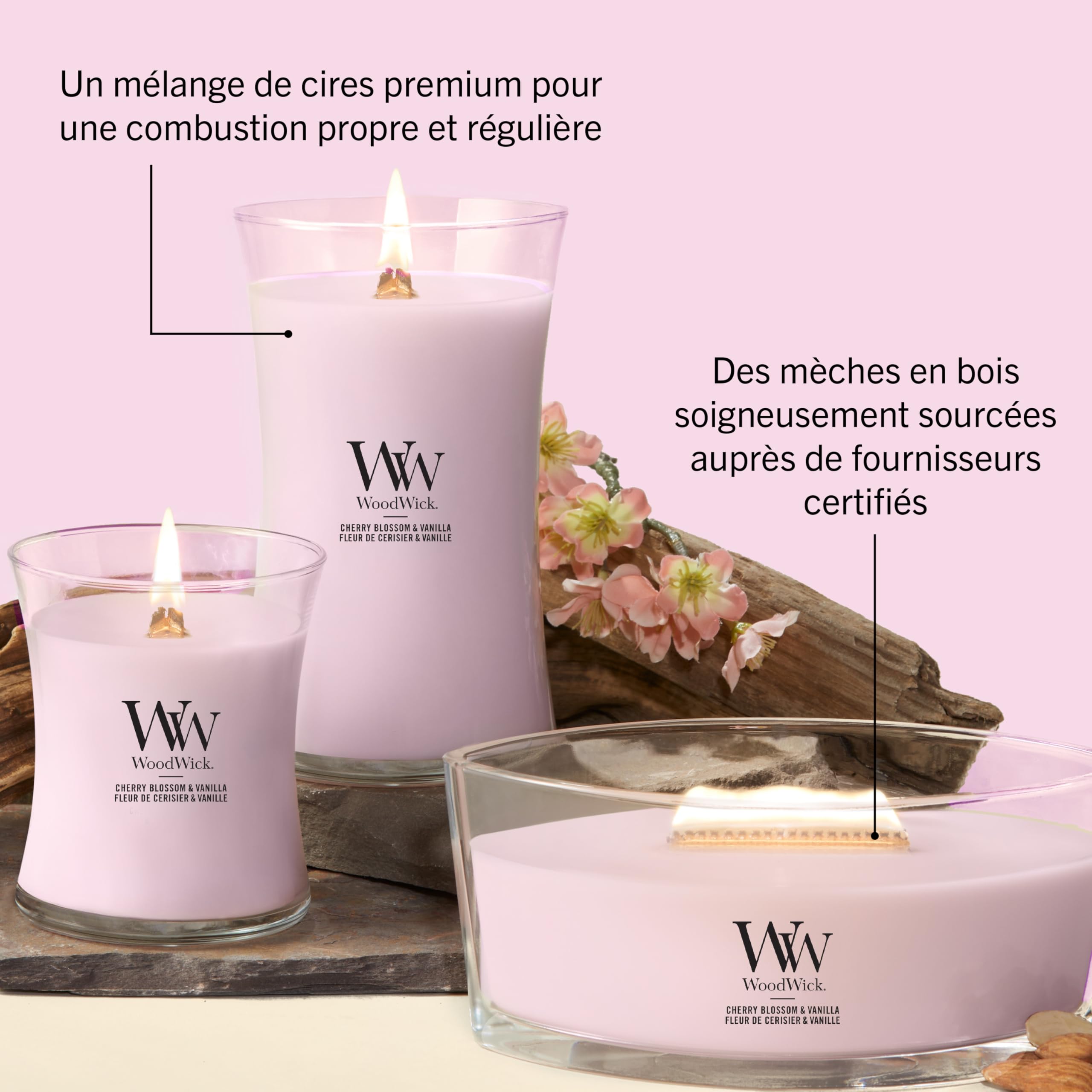 WoodWick Bougie parfumée | Grande bougie sablier | Cerise rose et vanille | Cadeaux parfaits pour femmes