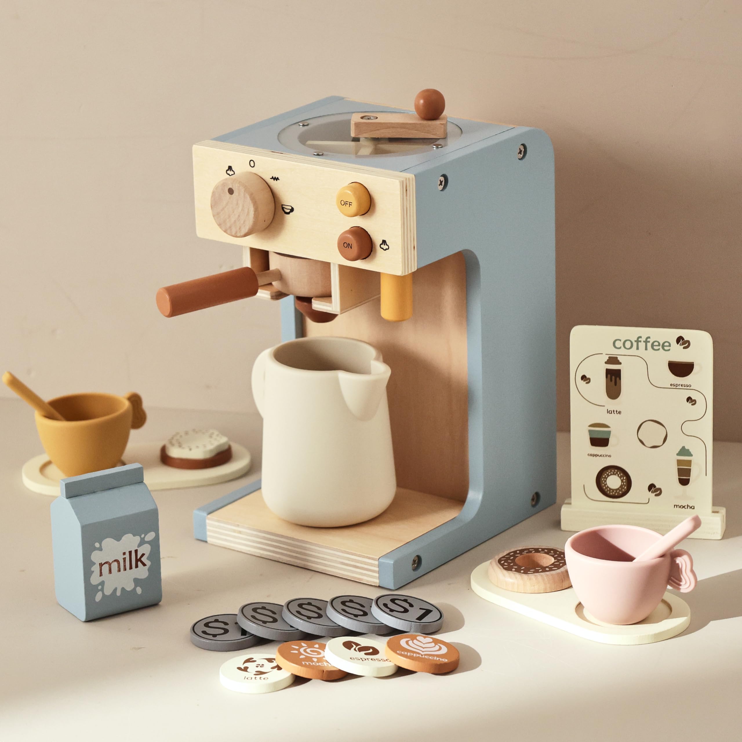 Kaffeemaschine Kinder mit Mühle, Siebträger, Kaffeehaus 22-Teilig HolzSpielzeugset, Espressomaschine Imitation Barista Kinder, Geeignet für Kleinkinder ab 3 Jahren