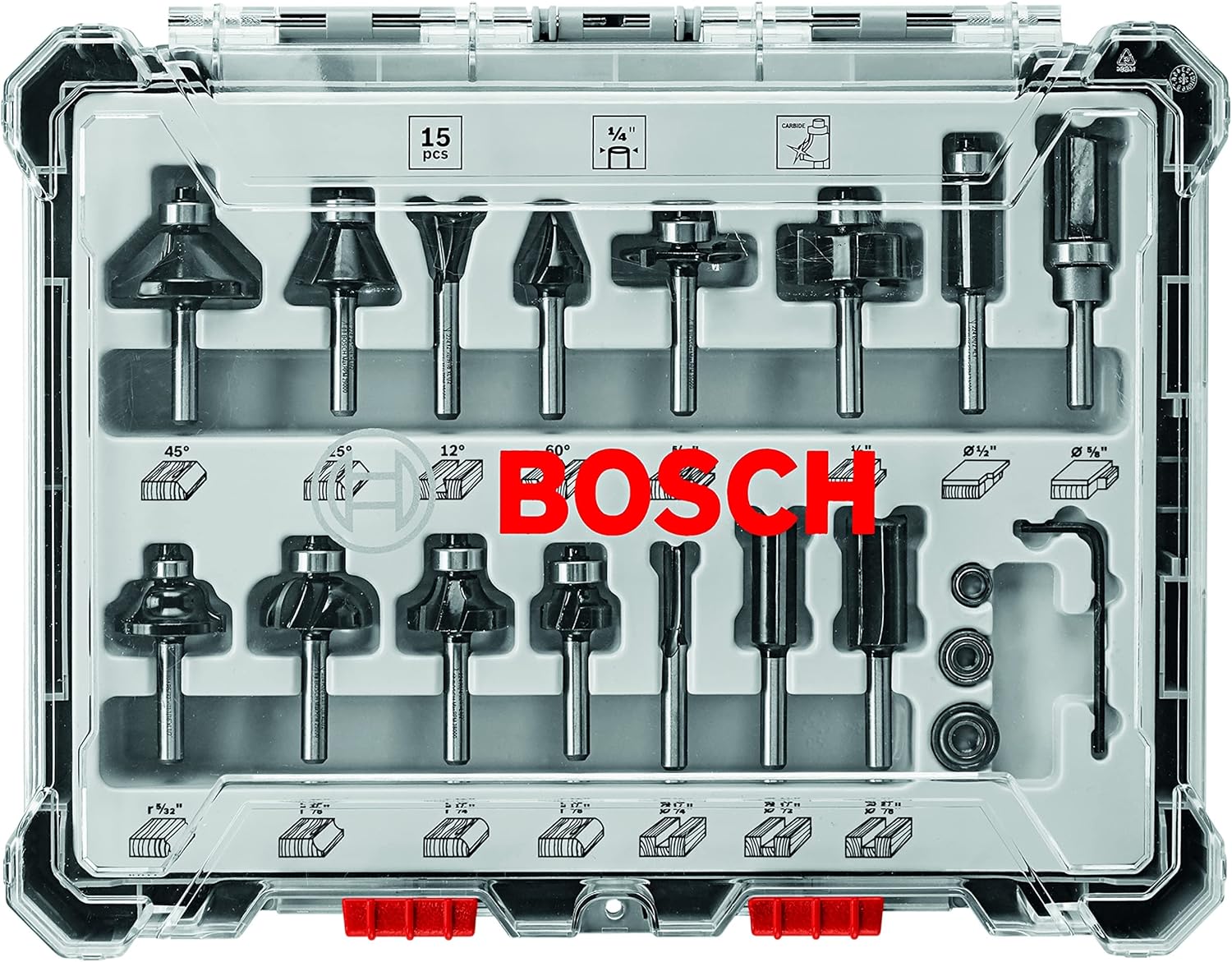 BOSCH 1617EVSPK Wood 12 Amp Router Tool Combo Kit - 2.25 Horsepower Plunge Router & Fixed Base with a Variable Speed&BOSCH 15 pc. Carbide-Tipped Wood Router Bit Set