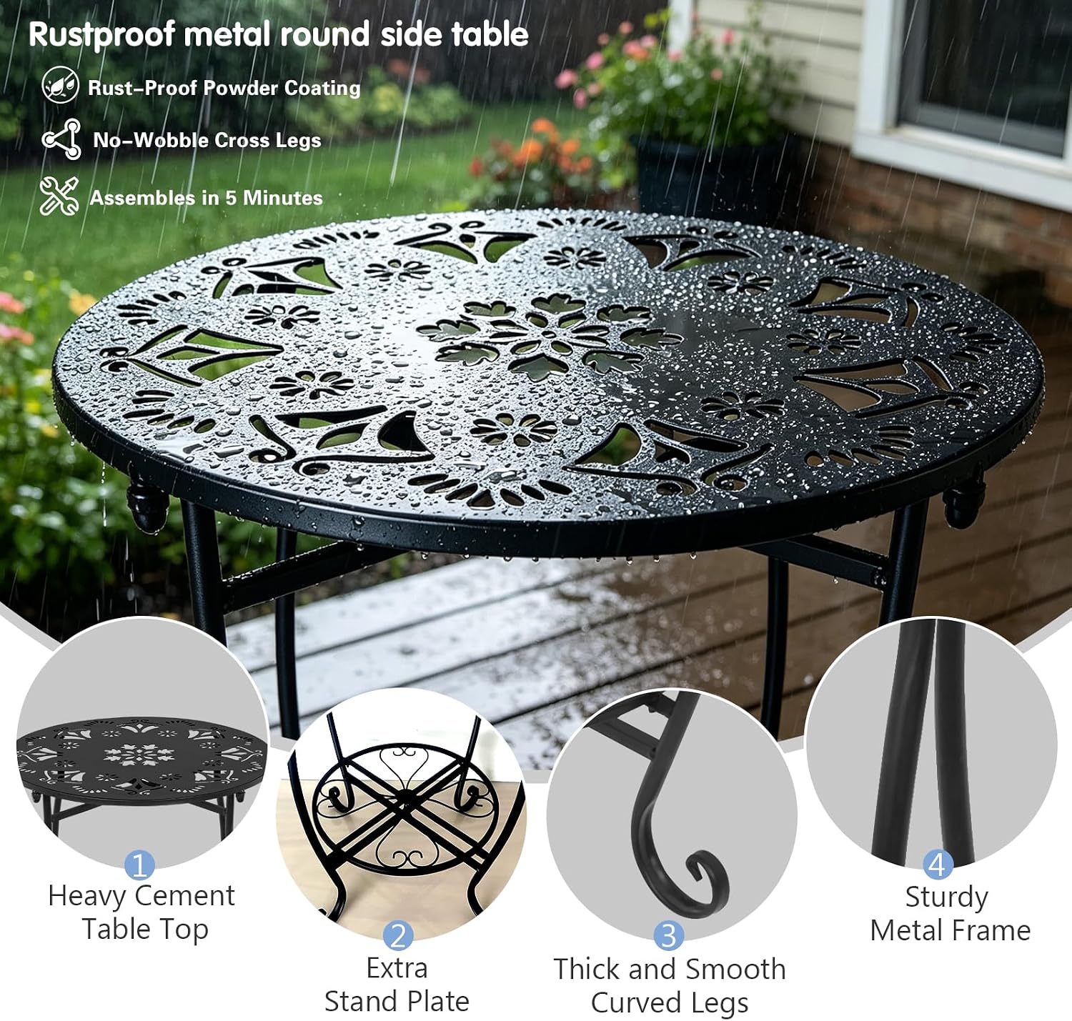 Fashion&cool 25" Outdoor Side Table, 2-Tier Round Metal Patio End Table, Heavy Duty Rust-Proof Coffee Table for Outside, Space Saving Balcony Sofa Small Table for Living Room Garden Deck, Black