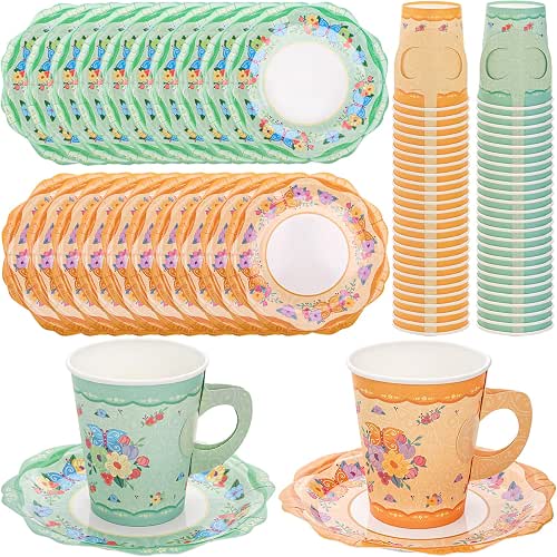 Frcctre 50 Pack Floral Paper Tea Cups and Saucers, 9