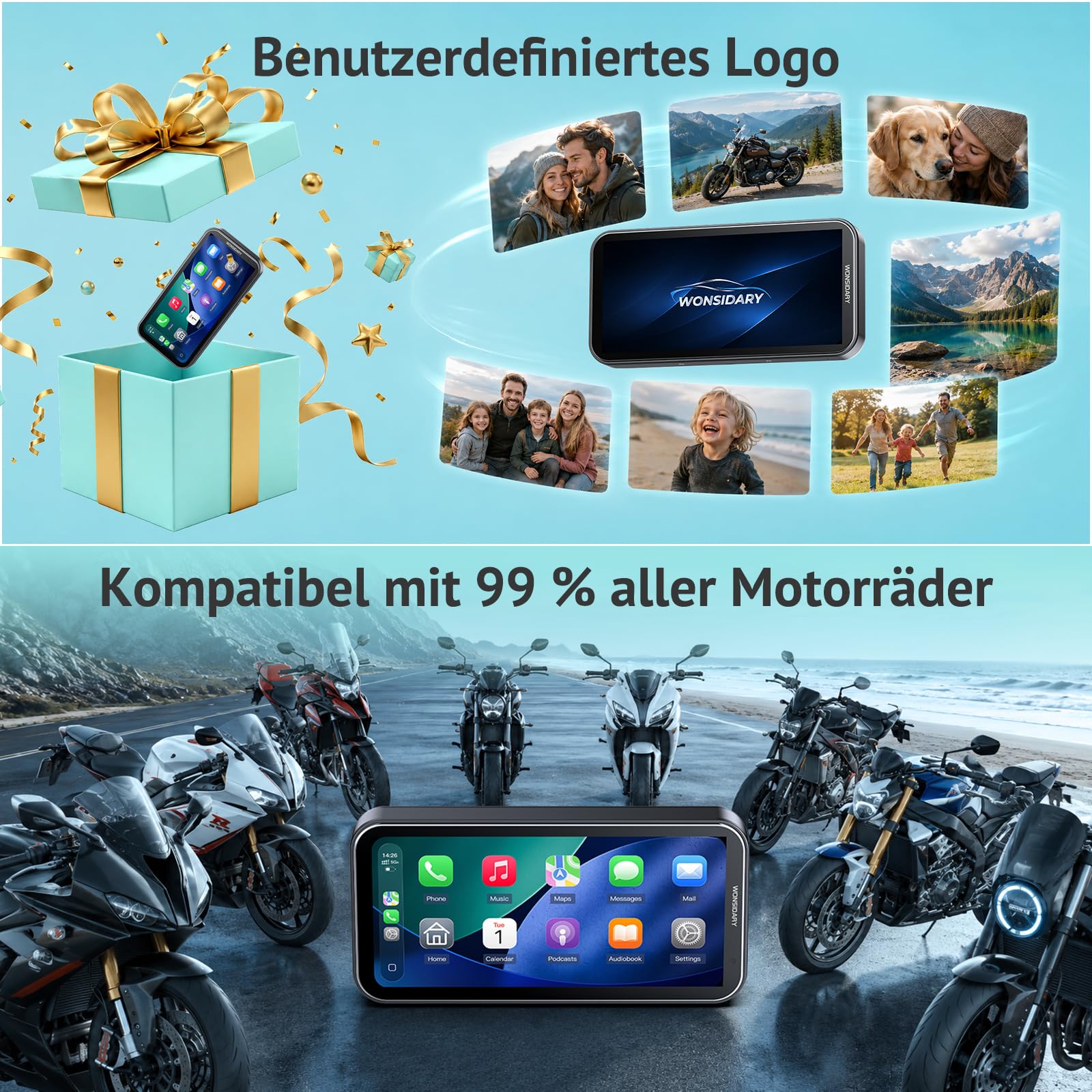 Motorrad CarPlay Display mit TPMS, Android Auto & Wasserdicht | 6,25 Zoll Motorrad Navi mit Lichtsensor, Dual-Bluetooth, OTA Updates, USB und ACC Anschluss für Motorradtouren