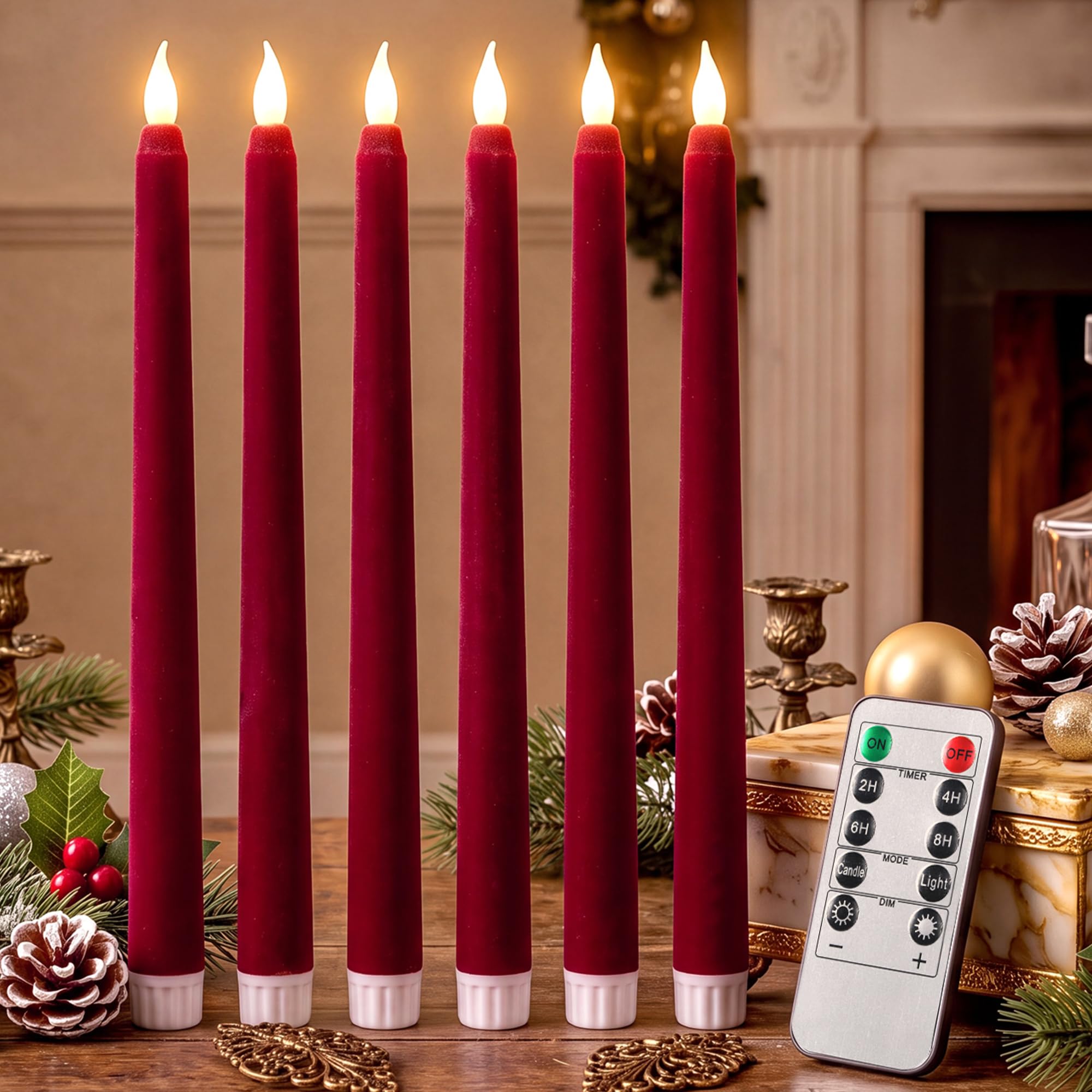 Tujoe 6 Pcs Christmas Burgundy Velvet Flameless Taper Candles with Remote