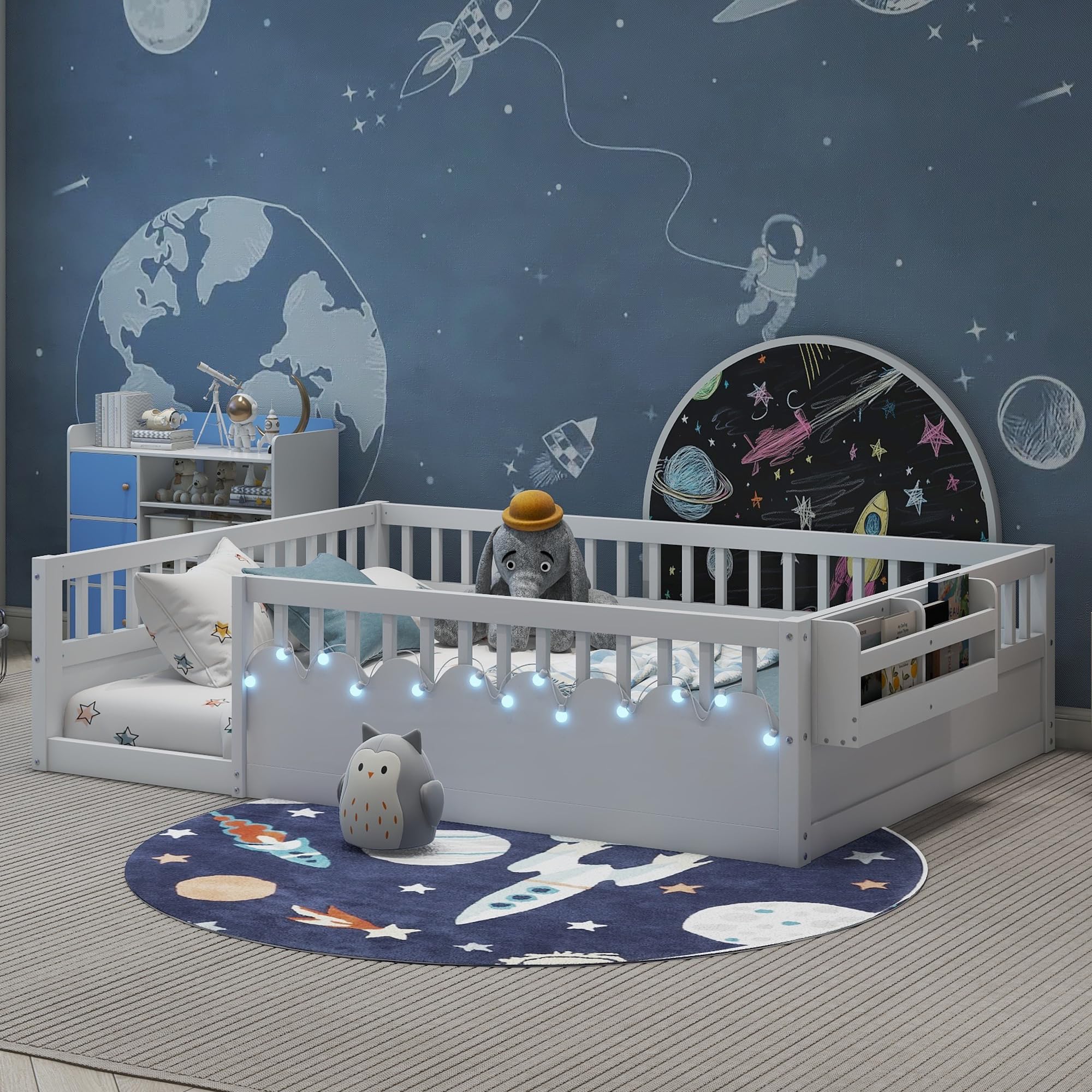 White Floor Bed, Full Size Montessori Bed with High Fence Railings, Wood Playhouse Beds with Rails, Light & Storage for Baby Kids Boys Girls Teens, No Slats Included