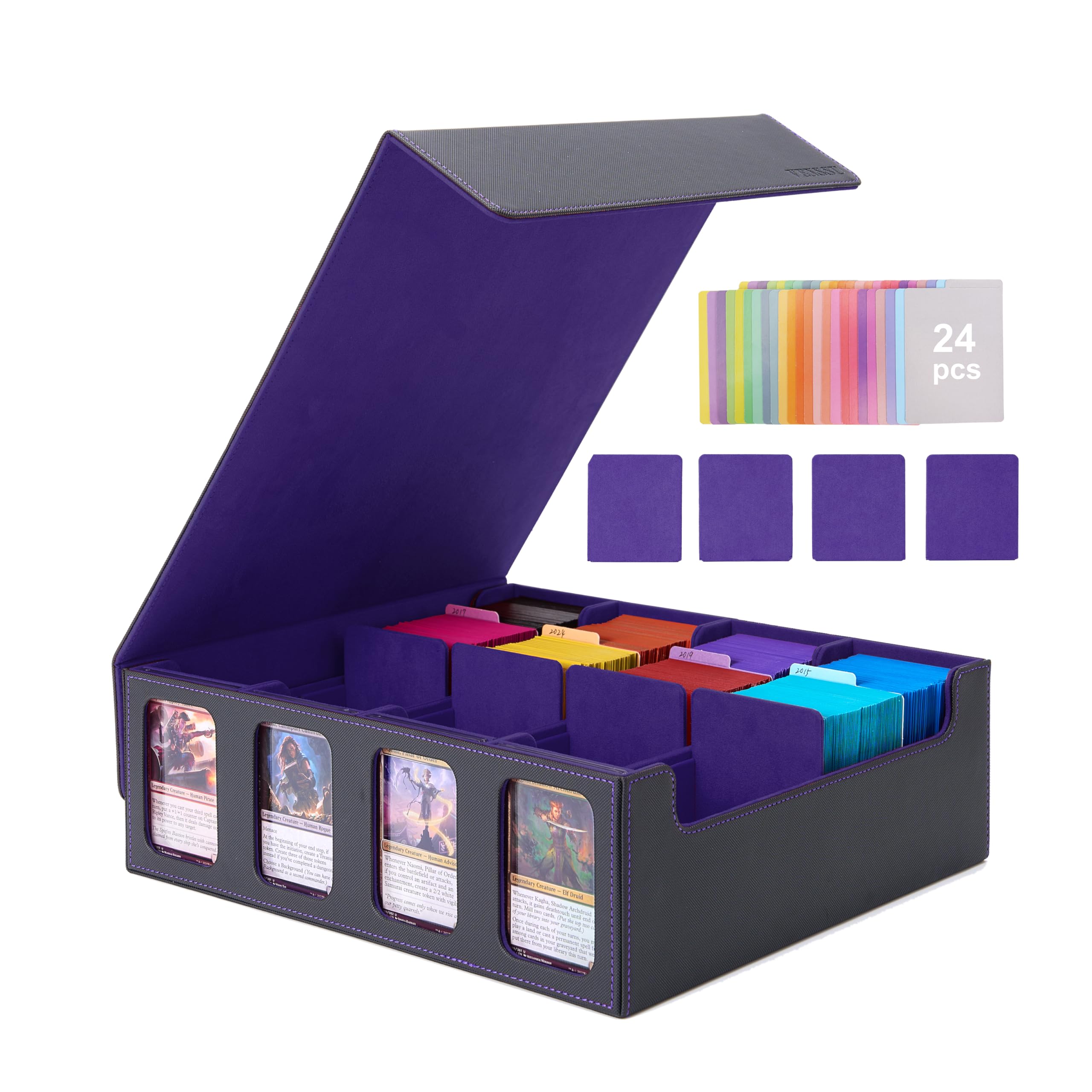 Venssu Card Storage Box for Trading Cards with Card Supporters, 3000+ MTG Deck Box with 24 Colorful Divider Tabs, Trading Card Storage with Viewing Windows Fits for Magic Game Cards (Black and Purple)
